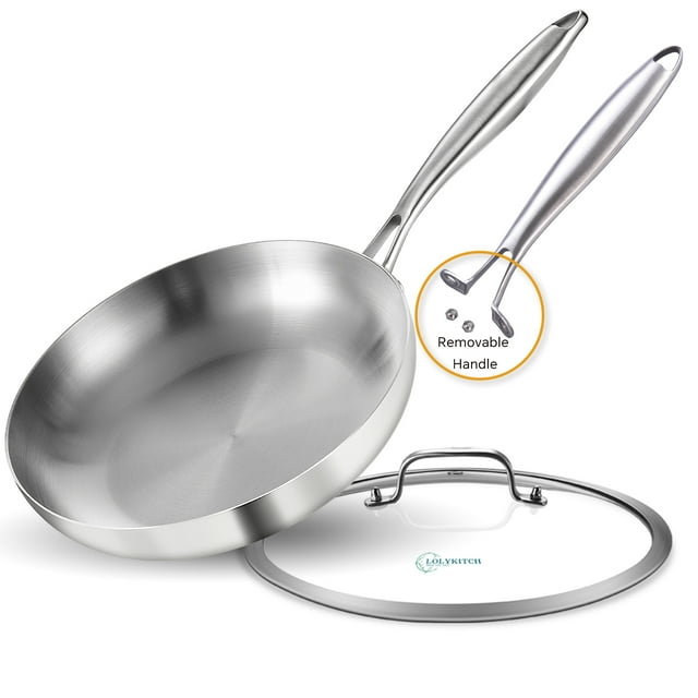 LOLYKITCH 12 Inch Tri-ply Stainless Steel Chef's Pan,Frying Pan with Lid,Skillet,Induction Pan,Pot and Pan Set,Dishwasher and Oven Safe.(Detachable Handle)