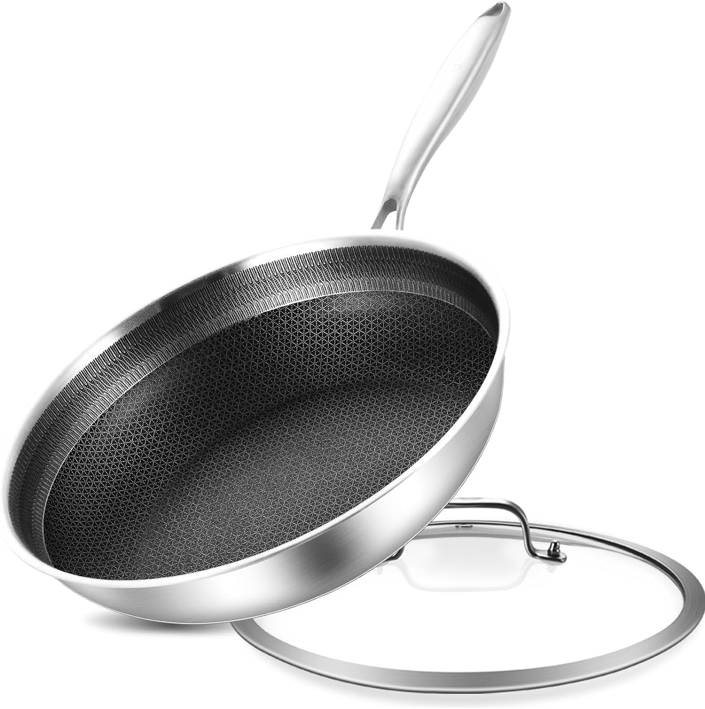 LOLYKITCH 10 inch Hybrid Nonstick Stainless Steel Sauté Pan with Lid,Deep Frying Pan,Skillet,Induction Pan,Heavy Duty and Oven Safe,Detachable Handle.