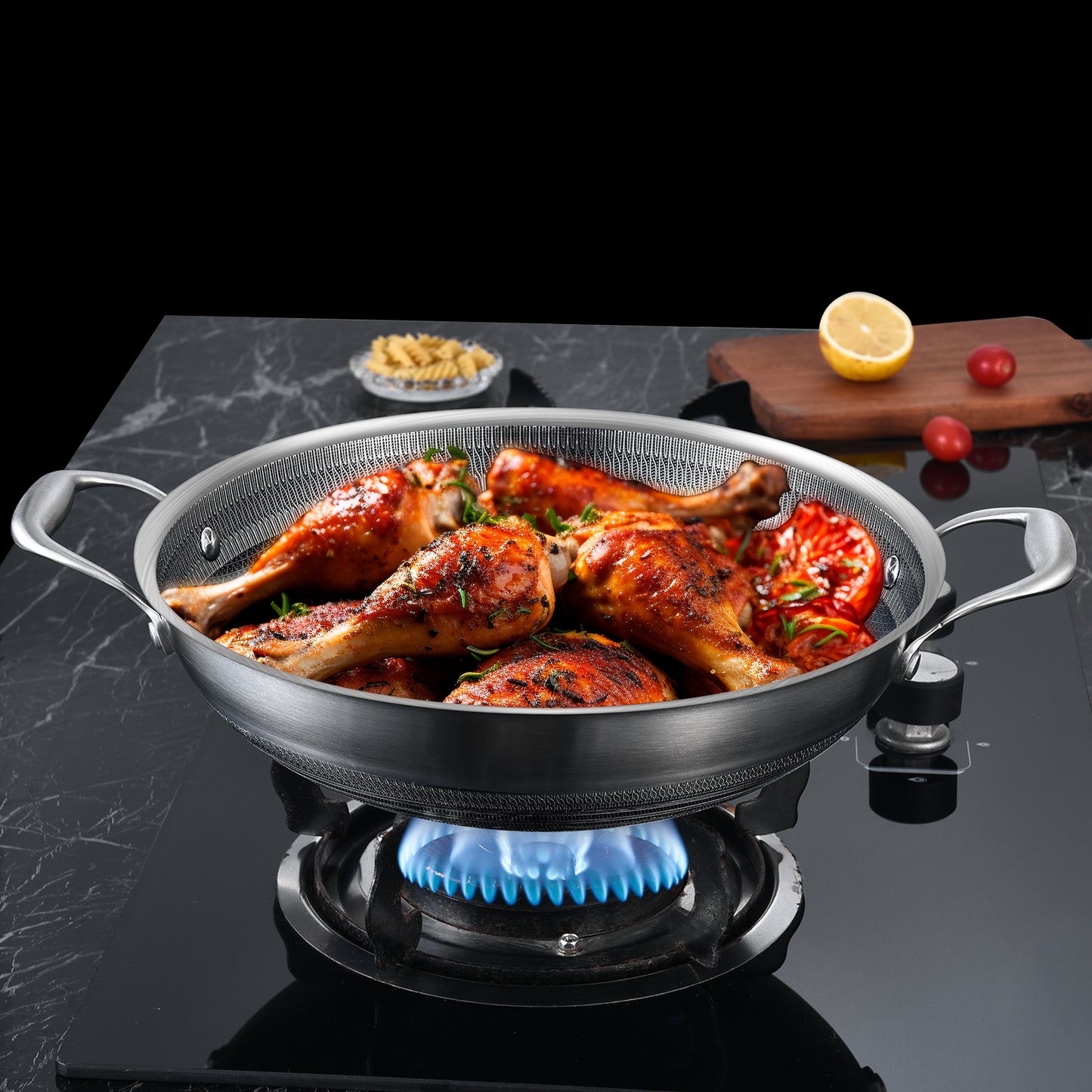 LOLYKITCH 13 inch New Hybrid Tri-Ply Stainless Steel Wok Pan with Lid,Ceramic Non Stick Stir-Fry Pans,Induction Cooking Pot,Dishwasher and Oven Safe.