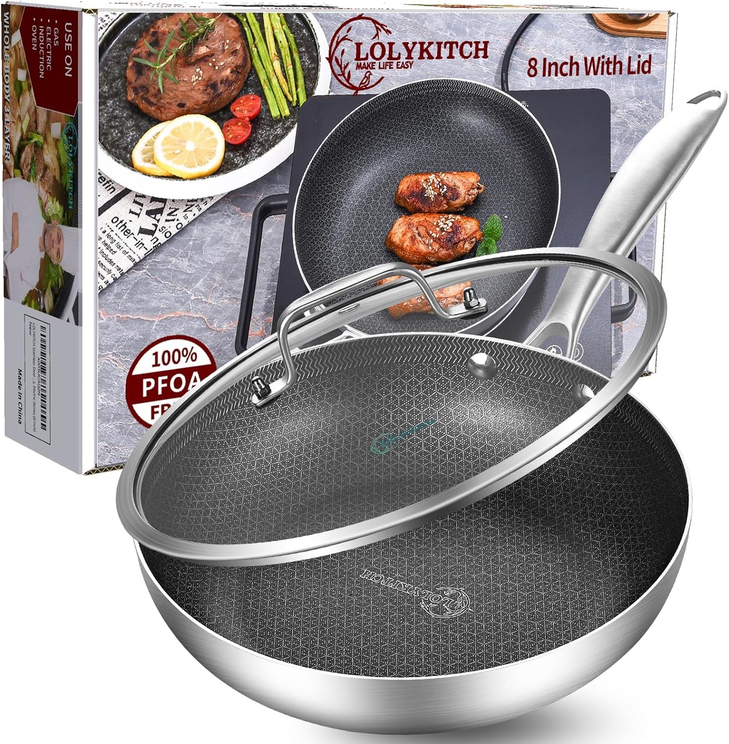 LOLYKITCH 8 Inch Tri-ply Hybrid Stainless Steel Frying Pan with Lid,Skillet,Induction Pan,Small Egg Pan,Oven & Dishwasher Safe.(Rivet 8-1/2 Inch)