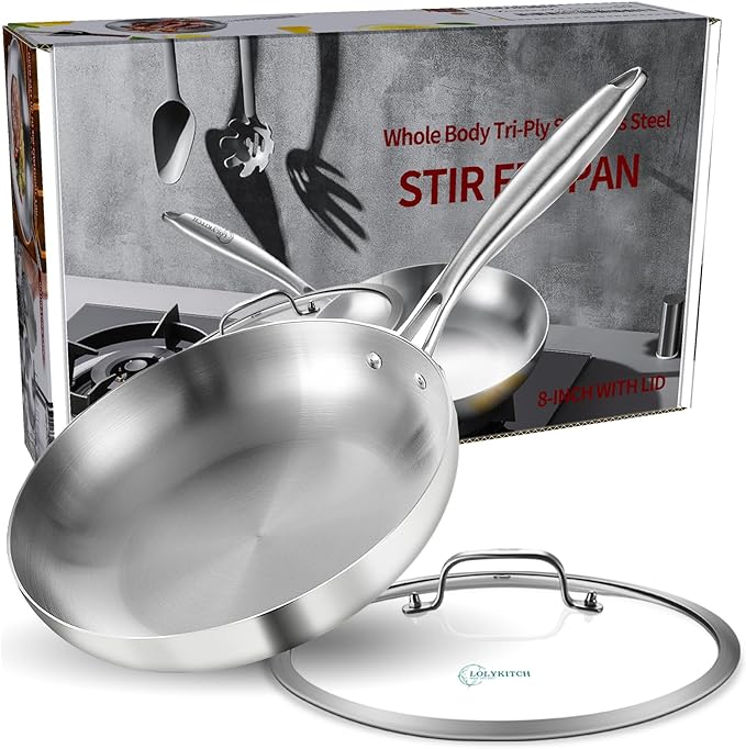 LOLYKITCH 8 Inch Tri-ply Stainless Steel Chef's Pan,Frying Pan with Lid,Skillet,Induction Pan,Pot and Pan Set,Dishwasher and Oven Safe.(Rivet Handle)