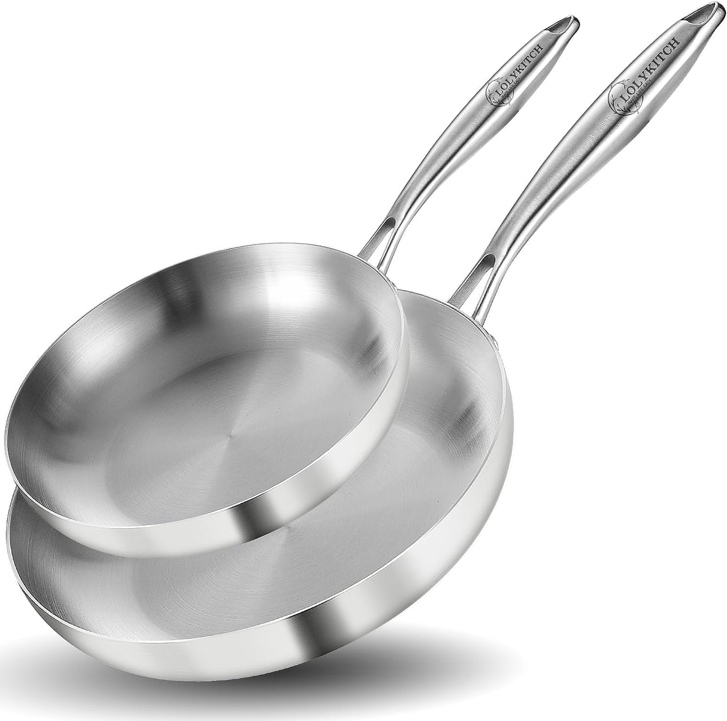 LOLYKITCH 8.5-12 Inch Tri-ply Stainless Steel Frying Pan Set,Skillets,Chef's Pan,Induction Cookware,Dishwasher and Oven Safe. (Removable Handle)