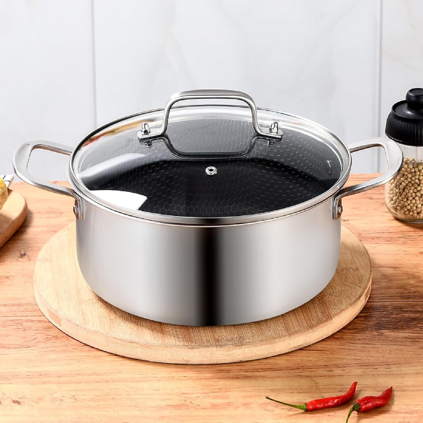 LOLYKITCH 5 QT Tri-Ply Hybrid Stainless Steel Non-stick Induction Cooking Pot,Stock Pot with Lid,Compatible with all Stoves.