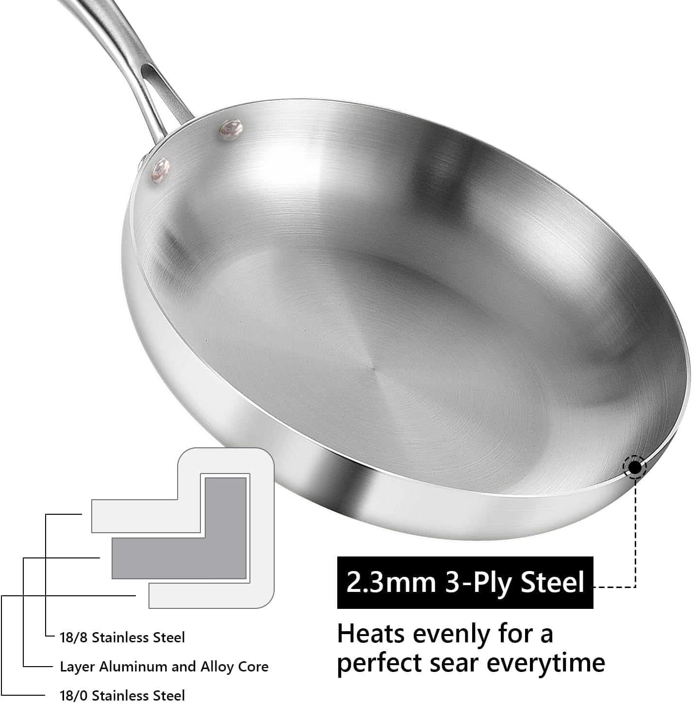 LOLYKITCH 10-12 inch Tri-ply Stainless Steel Stri-Frying Pan Set with Lid,Skillets,Induction Cookware Set,Pots and Pans Set,Dishwasher and Oven Safe. (12 Inch with Lid & Two Removable Handle)