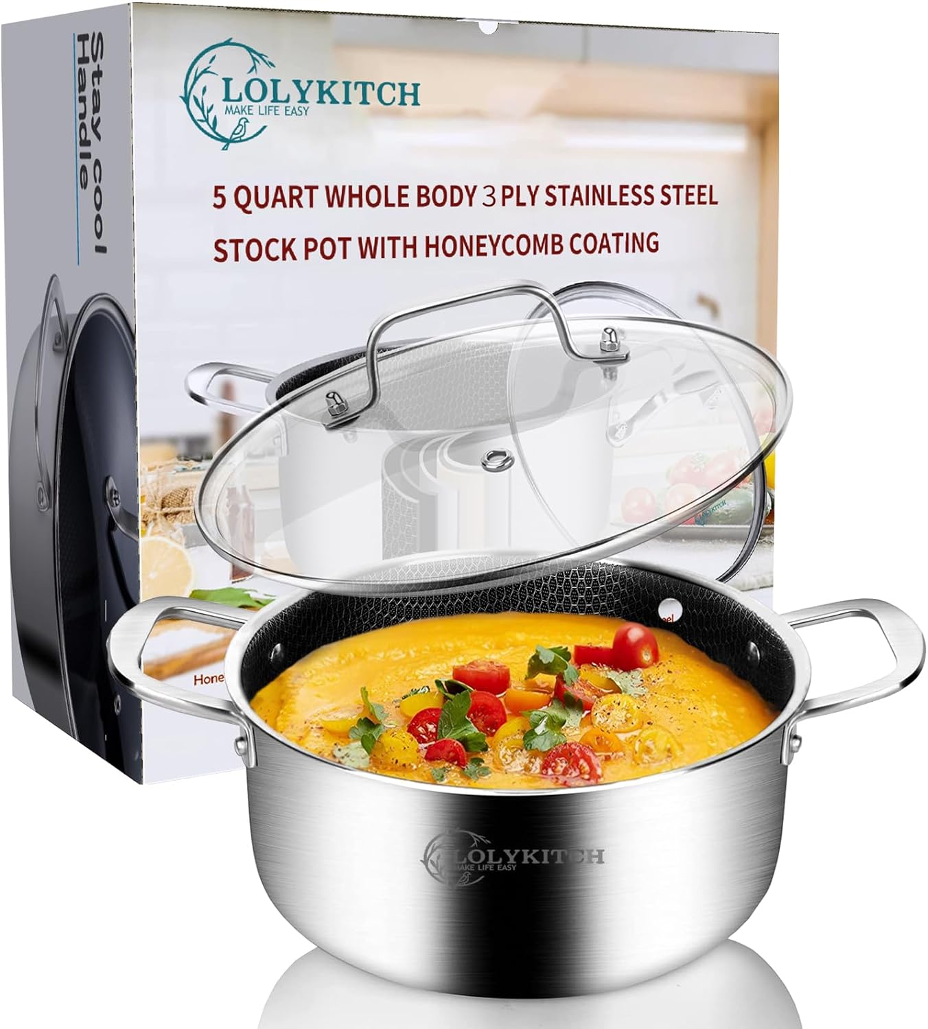 LOLYKITCH 5 QT Tri-Ply Hybrid Stainless Steel Non-stick Induction Cooking Pot,Stock Pot with Lid,Compatible with all Stoves.