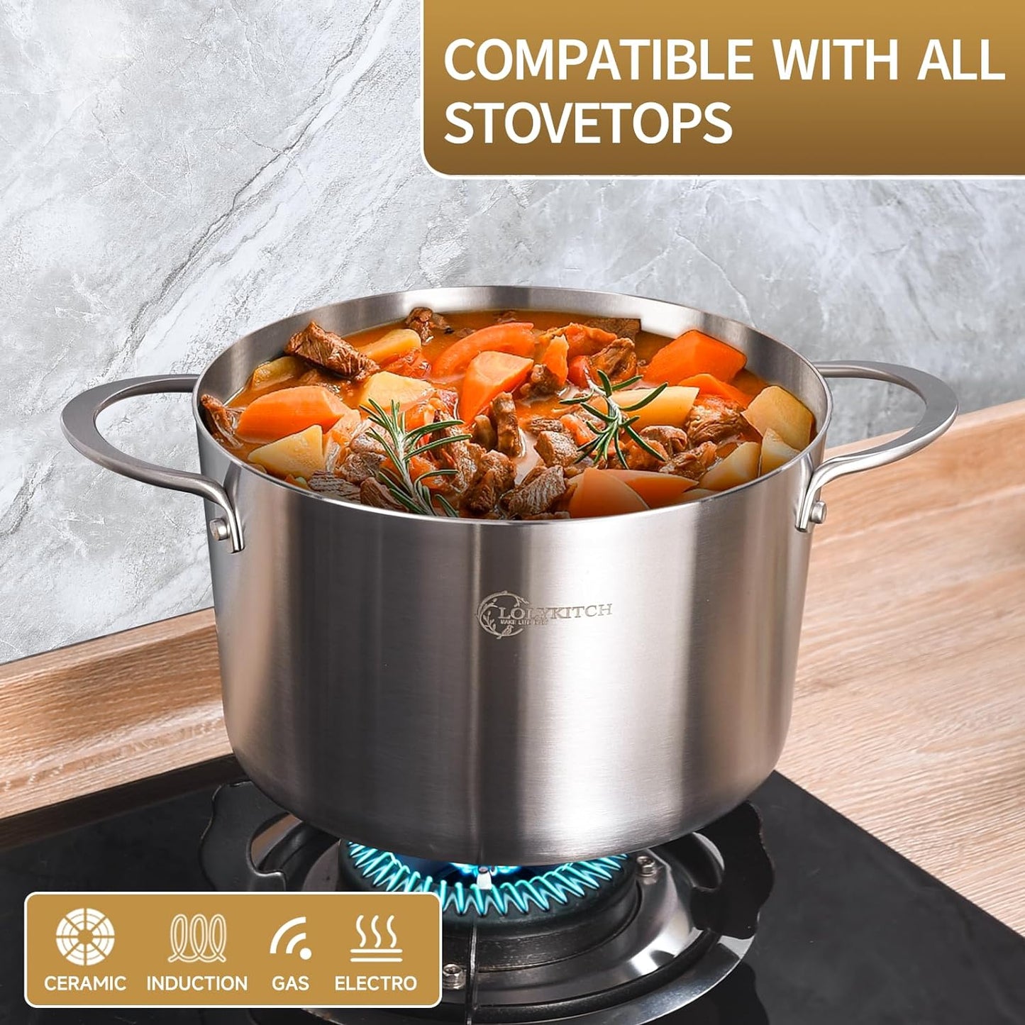 LOLYKITCH Tri-Ply 3 QT Stainless Steel Induction Cooking Pot,Small Stock Pot,Sauce Pan with Lid,Dishwasher and Oven Safe.