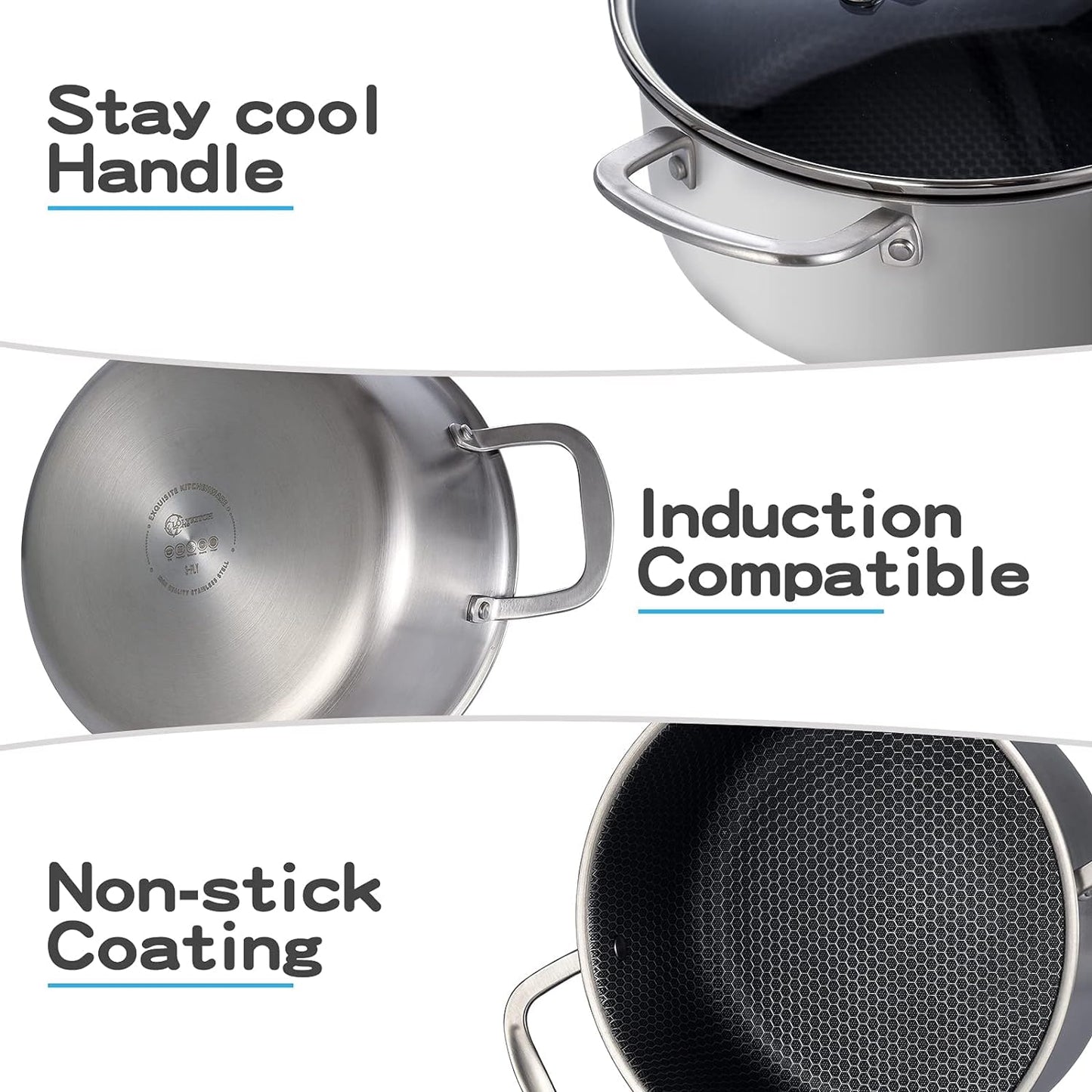 LOLYKITCH 5 QT Tri-Ply Hybrid Stainless Steel Non-stick Induction Cooking Pot,Stock Pot with Lid,Compatible with all Stoves.