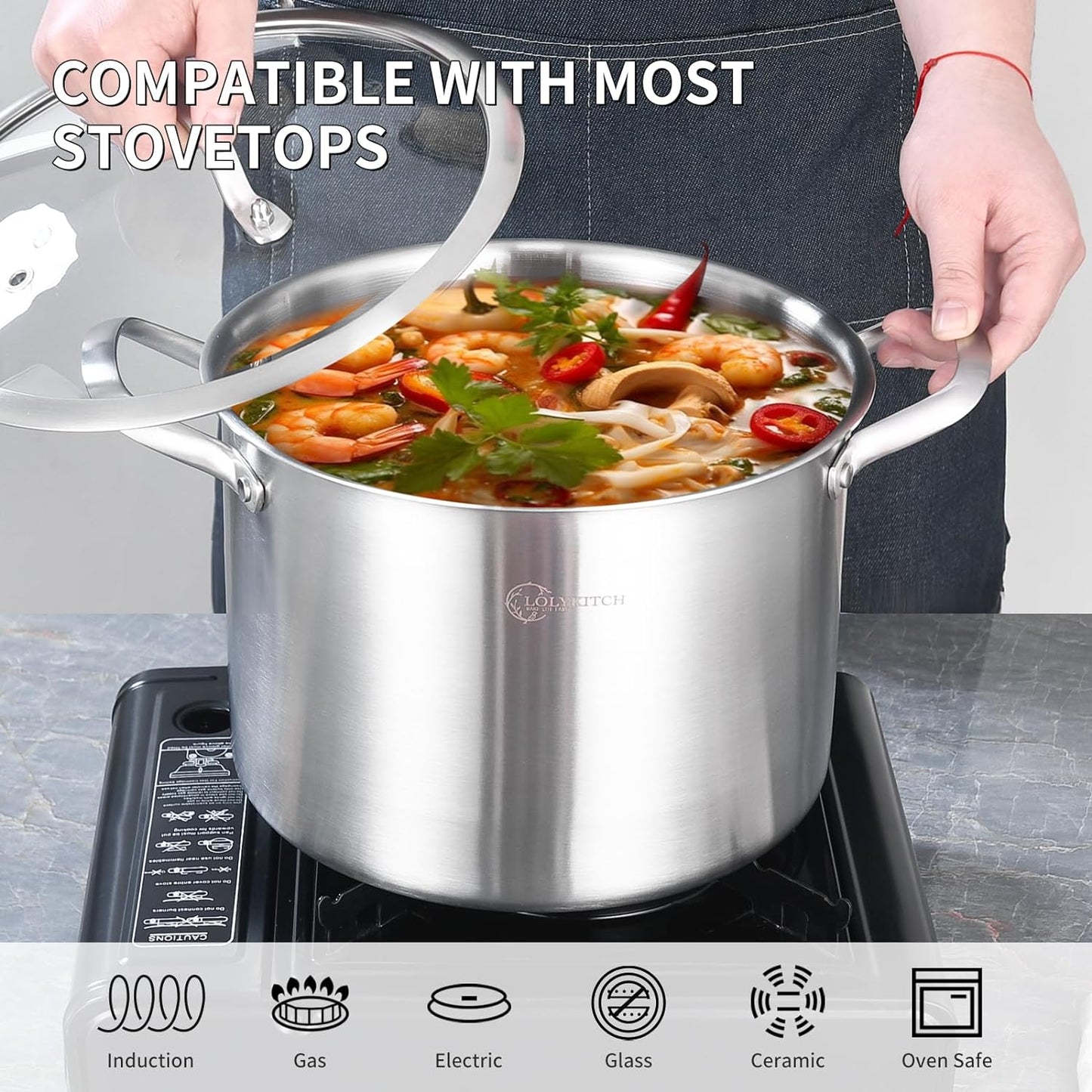 LOLYKITCH Tri-Ply Whole Clad 8 Quarts Stainless Steel Stock Pot with Lid,Induction Cooking Pot,Soup Pot,Heavy Duty,Oven and Diswasher safe.