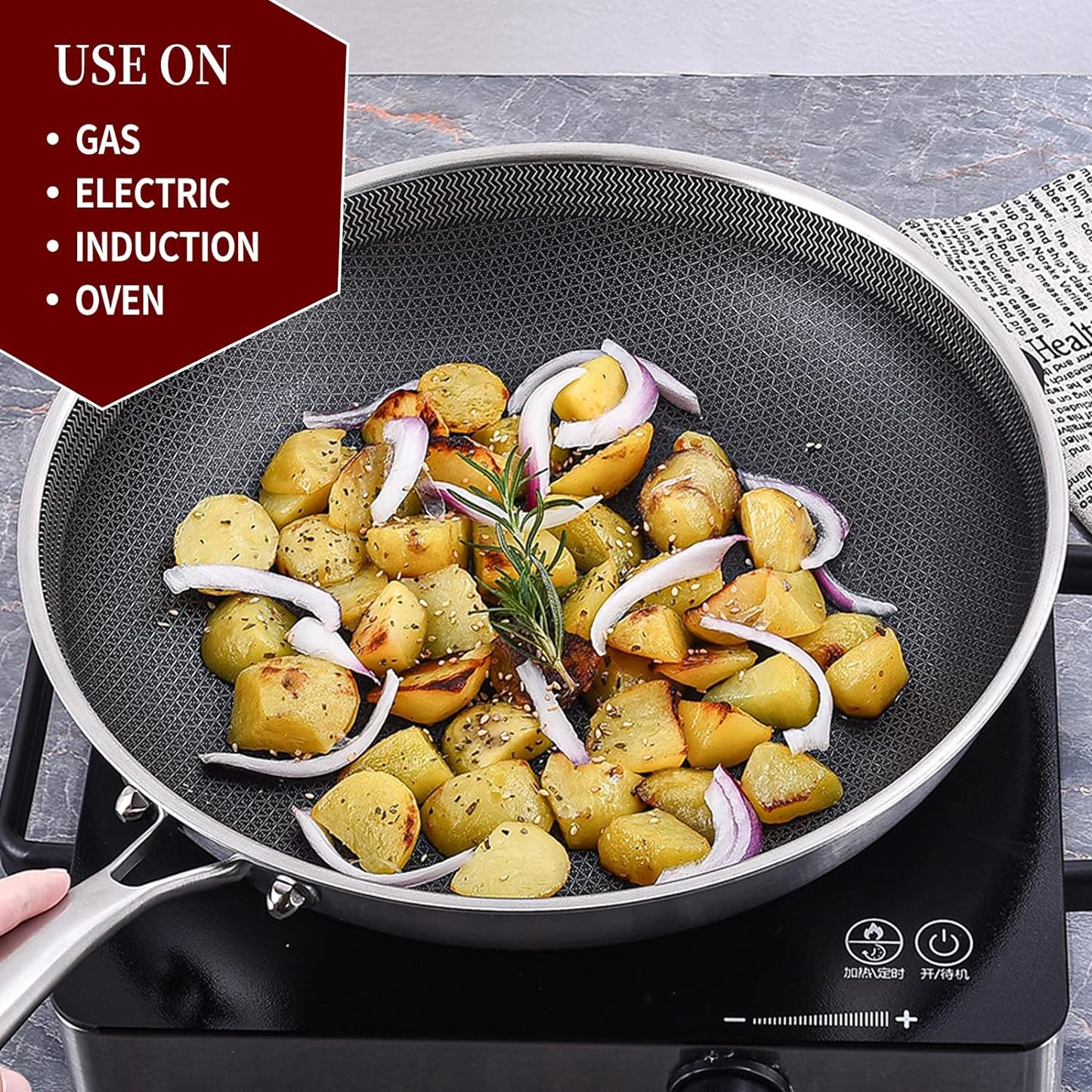 LOLYKITCH 10 inch Hybrid Nonstick Stainless Steel Sauté Pan with Lid,Deep Frying Pan,Skillet,Induction Pan,Heavy Duty and Oven Safe,Detachable Handle.