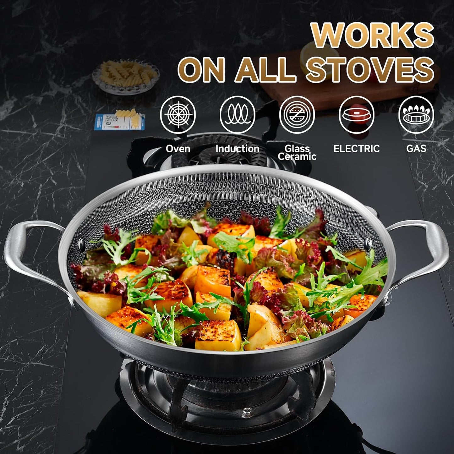 LOLYKITCH 12 Inch New Hybird Tri-Ply Stainless Steel Wok Pan with Lid,Ceramic Non-stick coating Stir-Fry Pan,Induction Cooking Pan,Dishwasher and Oven Safe.