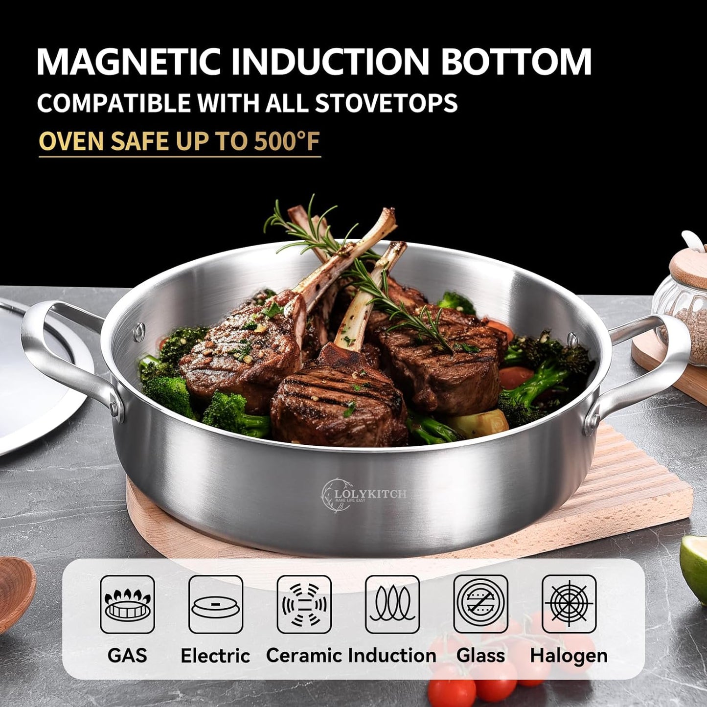 LOLYKITCH 8 Quarts Tri-Ply Stainless Steel Sauté Pan with Lid,13 Inch Deep Frying Pan,Large Skillet,Jumbo Cooker,Induction Cooking Pot,Dishwasher and Oven Safe.
