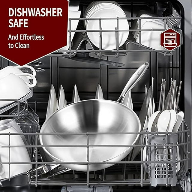 LOLYKITCH 10 Inch Tri-ply Stainless Steel Wok Pan with Lid,Skillet,Induction Stri-frying Pan,Dishwasher and Oven Safe.(Rivet Handle)