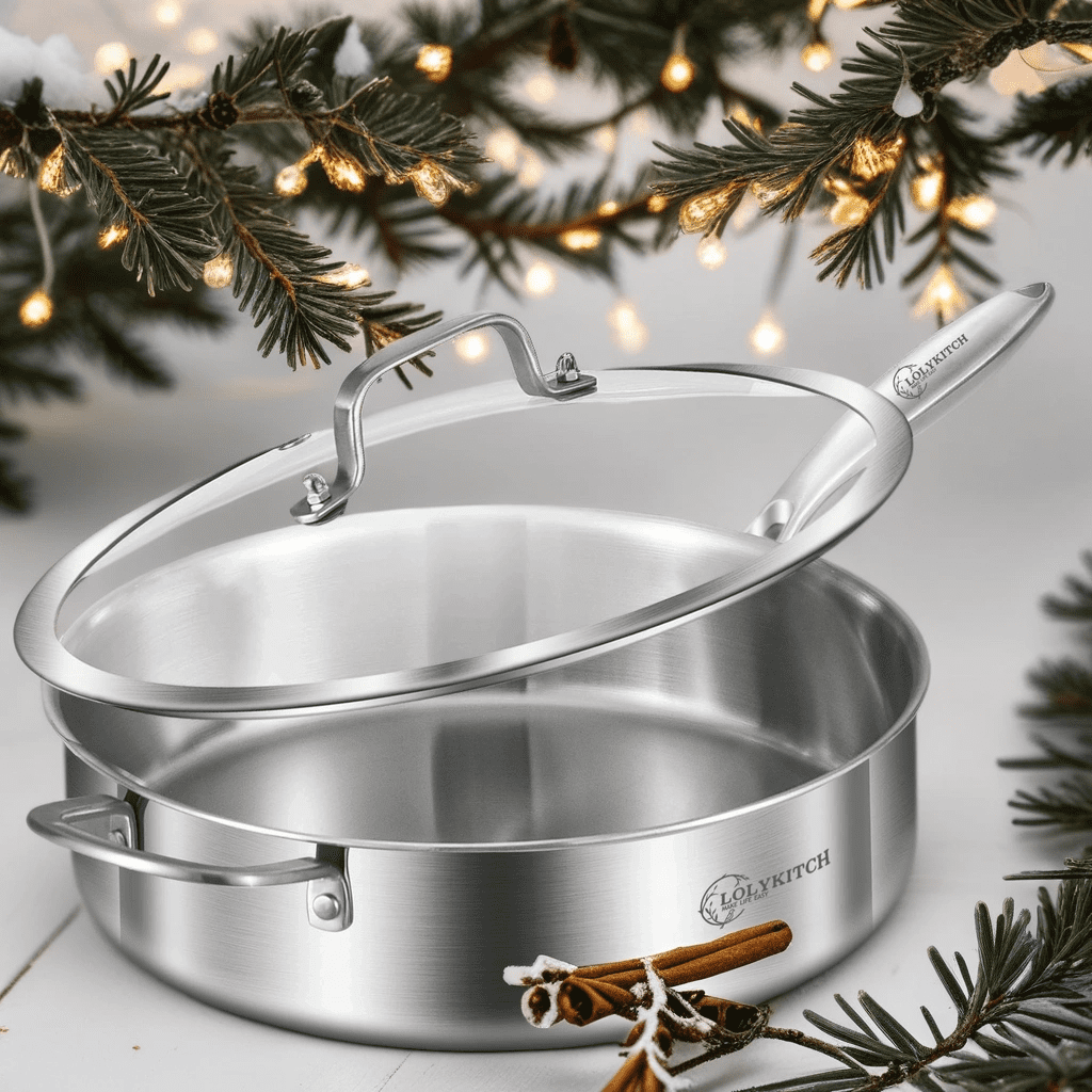 LOLYKITCH Whole Body Tri-Ply Stainless Steel 5.5 QT Saute Pan with lid,12 Inch Deep Frying Pan,Jumbo Cooker,Everyday Pan,Induction Pan,Dishwasher and Oven Safe.