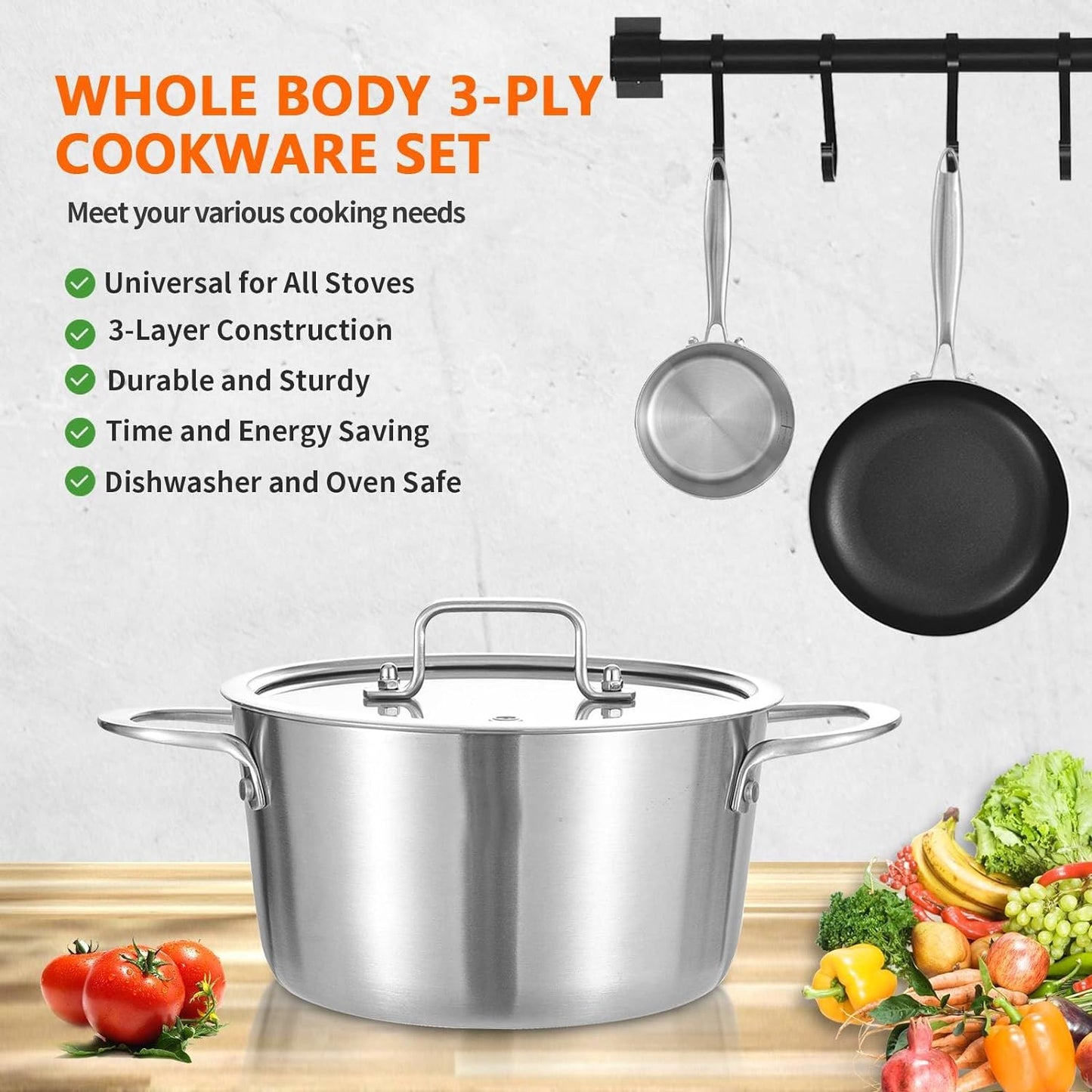 LOLYKITCH Tri-Ply 3 QT Stainless Steel Induction Cooking Pot,Small Stock Pot,Sauce Pan with Lid,Dishwasher and Oven Safe.