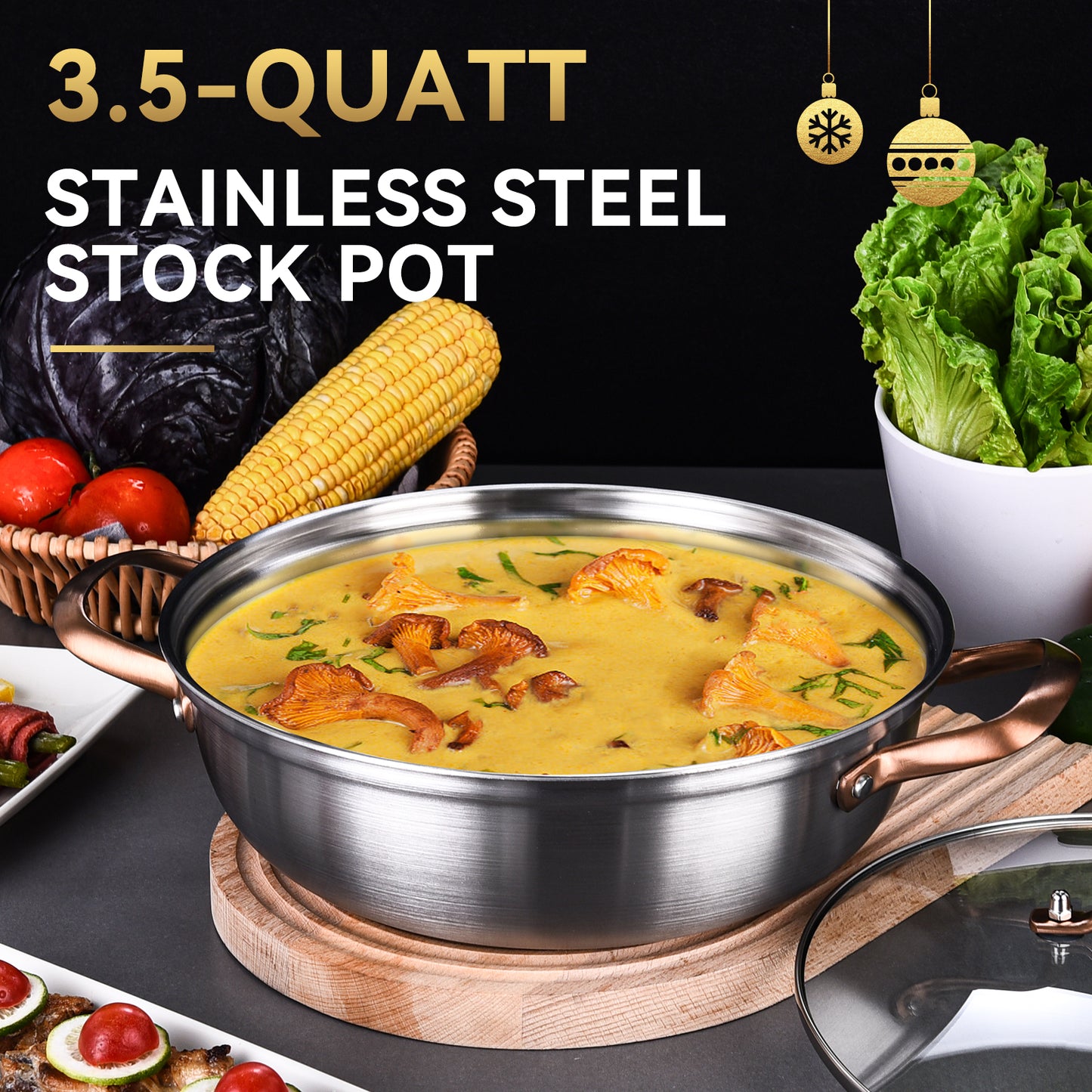 LOLYKITCH 11 Inch Tri-Ply Stainless Steel Saute Pan with Lid,3.5 QT Stock Pot,Kadhai,Induction Deep Frying Pan,Dishwasher and Oven Safe.