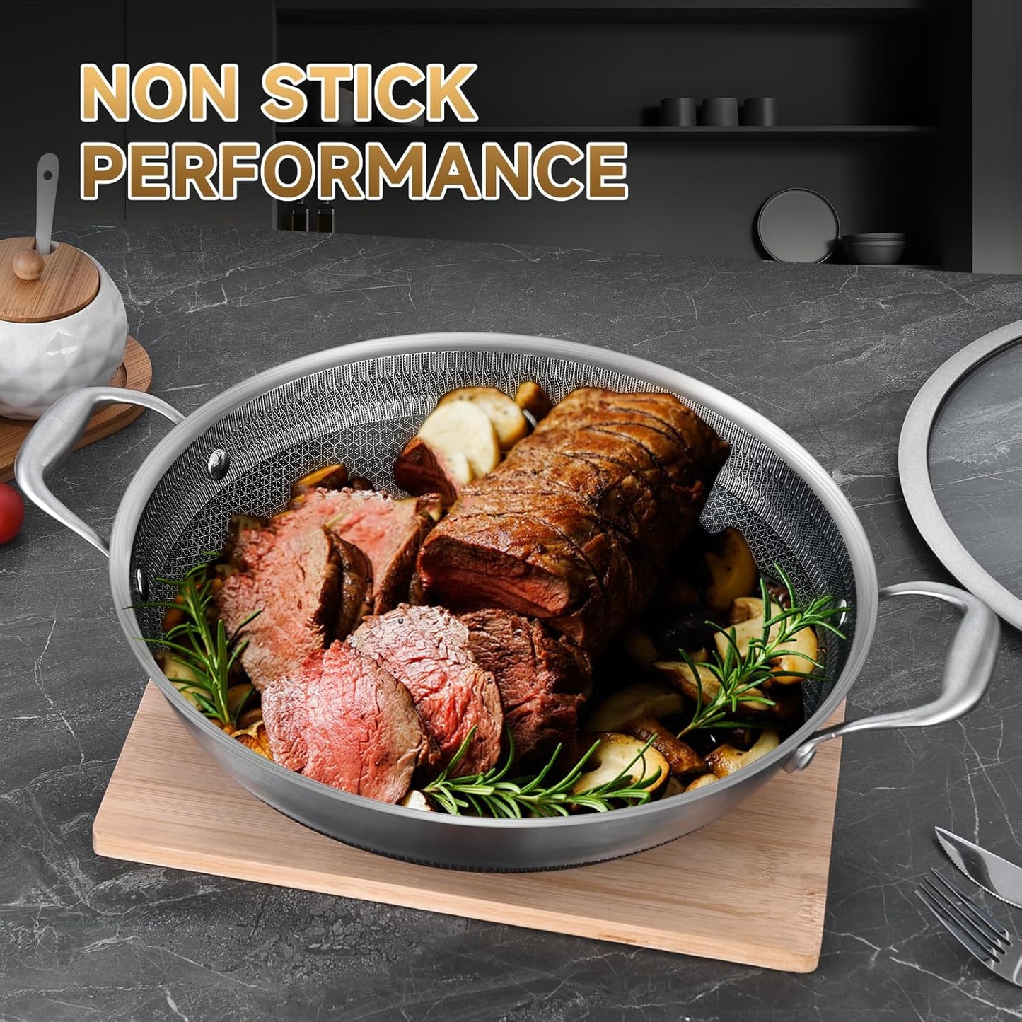 LOLYKITCH 12 Inch New Hybird Tri-Ply Stainless Steel Wok Pan with Lid,Ceramic Non-stick coating Stir-Fry Pan,Induction Cooking Pan,Dishwasher and Oven Safe.