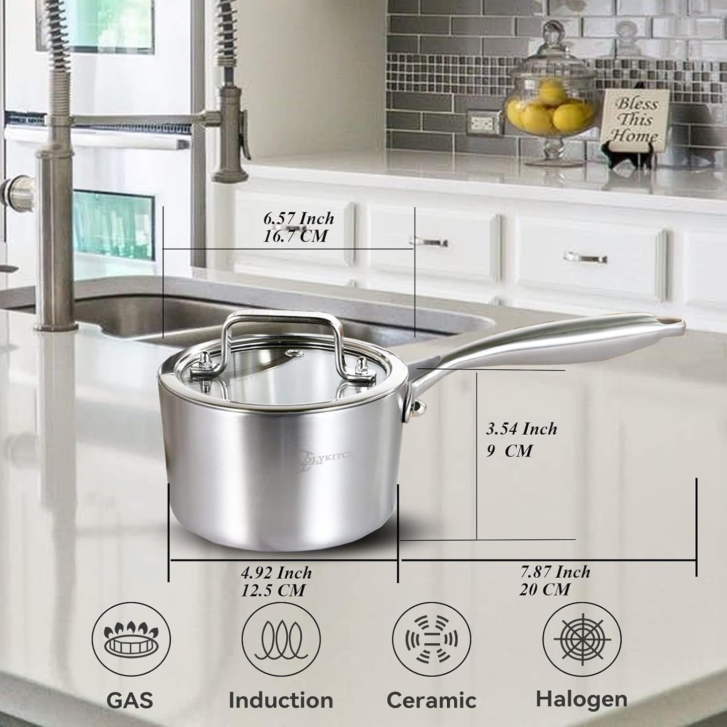 LOLYKITCH Tri-Ply Stainless Steel 1.5 QT Saucepan with Lid, Dia.16CM Induction Cooking Sauce Pot, Oven and Dishwasher safe,Detachable Handle.