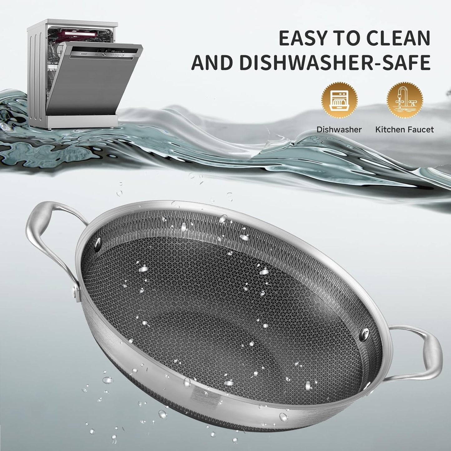 LOLYKITCH 12 Inch New Hybird Tri-Ply Stainless Steel Wok Pan with Lid,Ceramic Non-stick coating Stir-Fry Pan,Induction Cooking Pan,Dishwasher and Oven Safe.