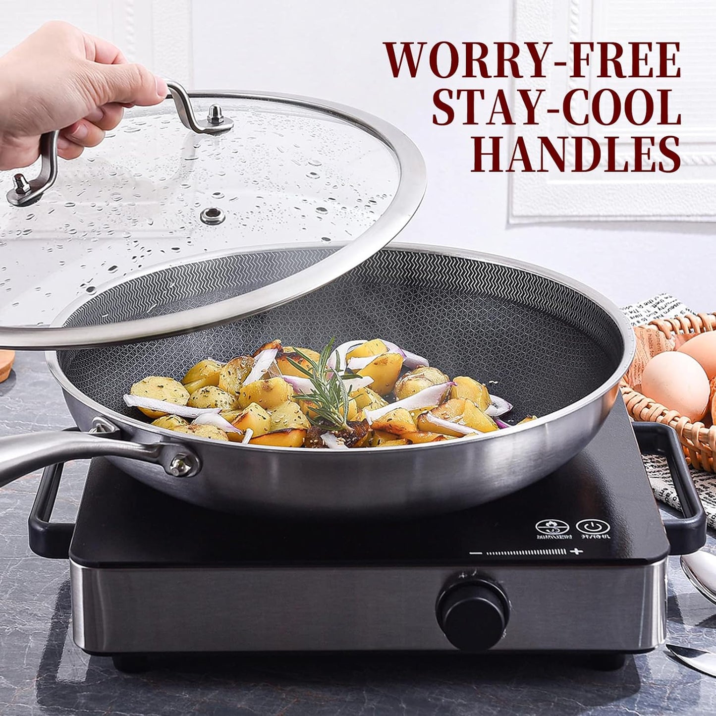 LOLYKITCH 10 inch Hybrid Nonstick Stainless Steel Sauté Pan with Lid,Deep Frying Pan,Skillet,Induction Pan,Heavy Duty and Oven Safe,Detachable Handle.