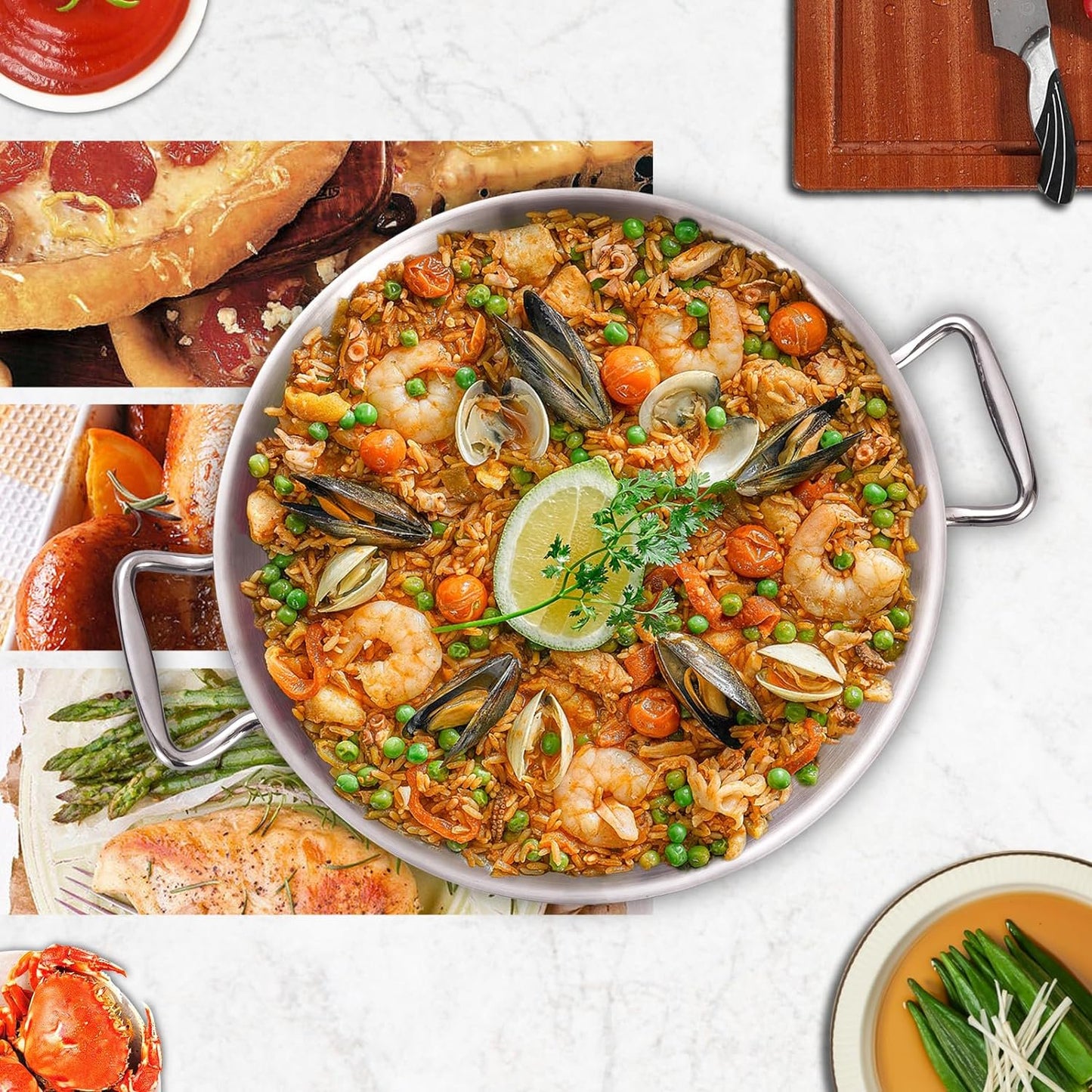 LOLYKITCH 13 Inch Tri-ply Stainless Steel Paella Pan with Lid,Griddle,Large Skillet,Omelet,Jumbo Cooker,Heavy Duty Dishwasher and Oven Safe.