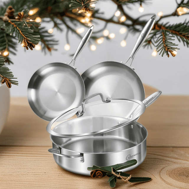 LOLYKITCH 8-10Inch Tri-ply Stainless Steel Frying Pans and 6 QT Saute Pan with Lid,Skillets,Cookware Set,Pot and Pan Set,Dishwasher and Oven Safe.(Removable Handle)