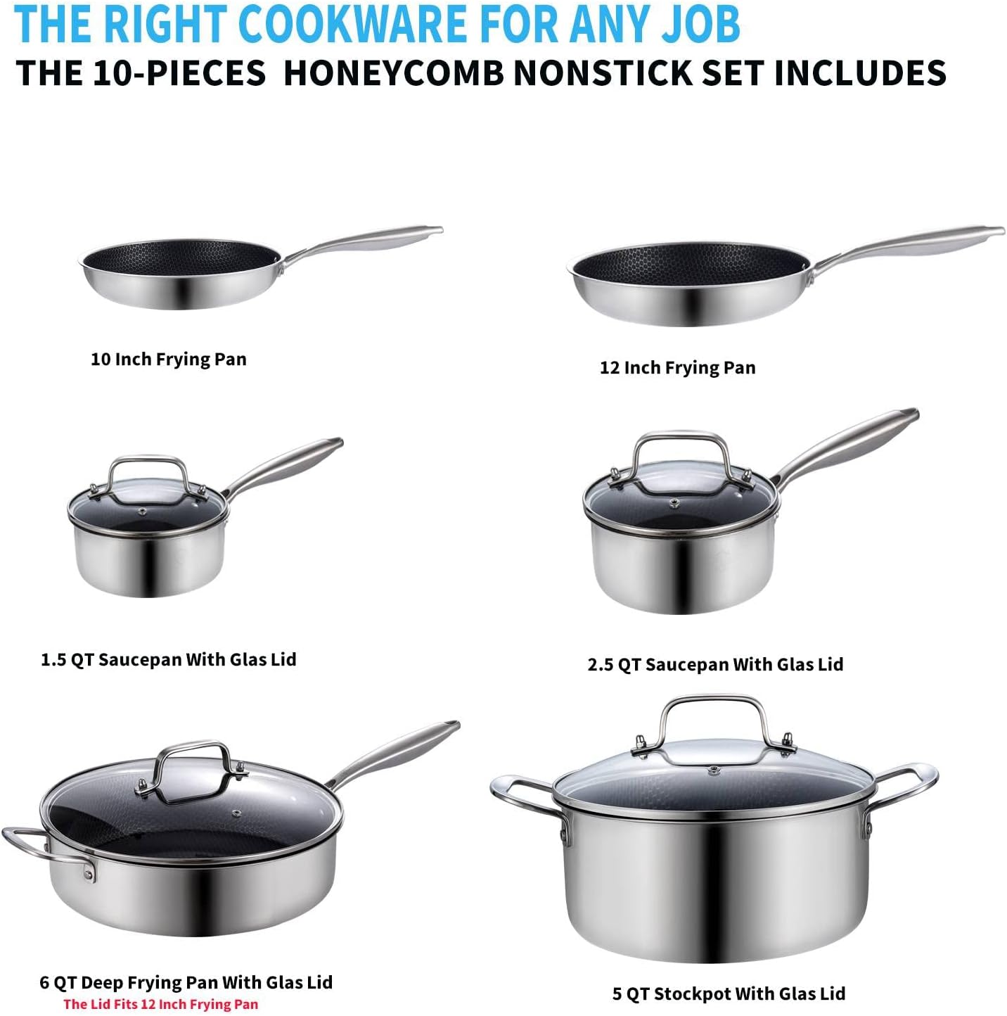 LOLYKITCH 10 Piece Tri-ply Stainless Steel Hybrid Non-stick Kitchen Cookware Set,Pots and Pans Set,Induction Cookware,Dishwasher and Oven Safe.
