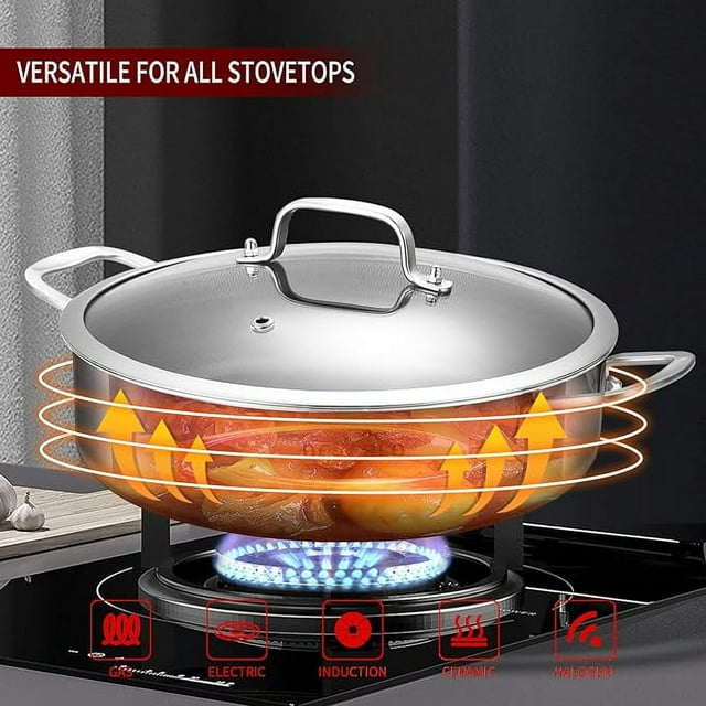 LOLYKITCH 5.5 QT Tri-Ply Stainless Steel Non-stick Sauté Pan with Lid,12 Inch Deep Frying pan,Large Skillet,Jumbo Cooker,Induction Pan,Dishwasher and Oven Safe.