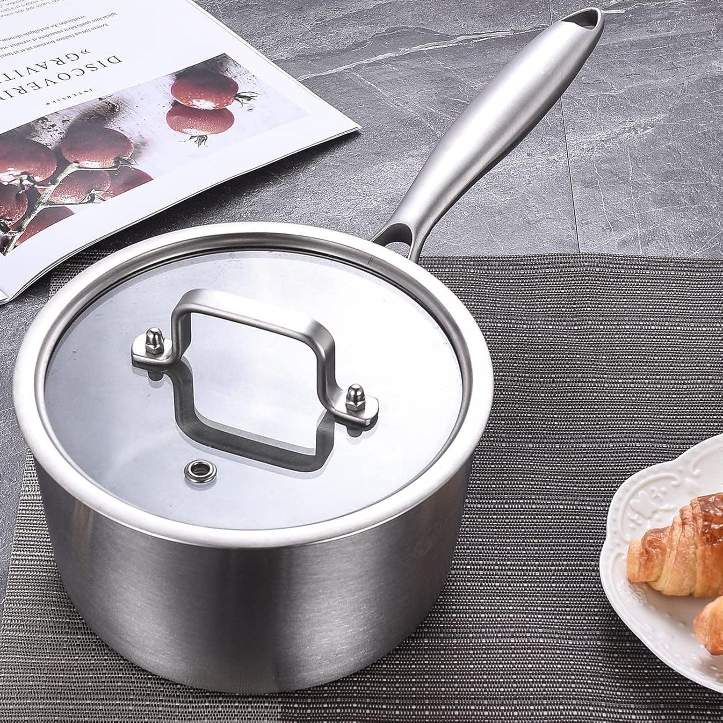 LOLYKITCH Tri-Ply Stainless Steel 1.5 QT Saucepan with Lid, Dia.16CM Induction Cooking Sauce Pot, Oven and Dishwasher safe,Detachable Handle.