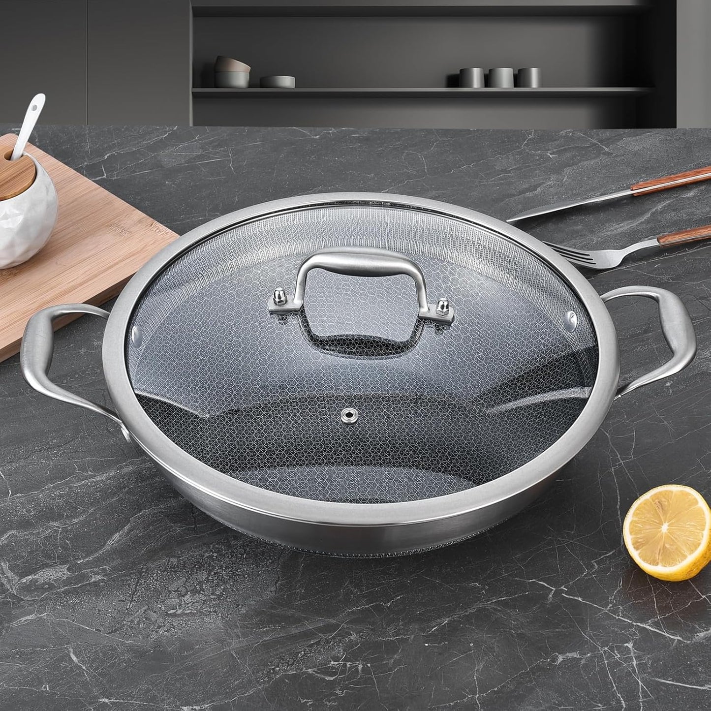 LOLYKITCH 12 Inch New Hybird Tri-Ply Stainless Steel Wok Pan with Lid,Ceramic Non-stick coating Stir-Fry Pan,Induction Cooking Pan,Dishwasher and Oven Safe.