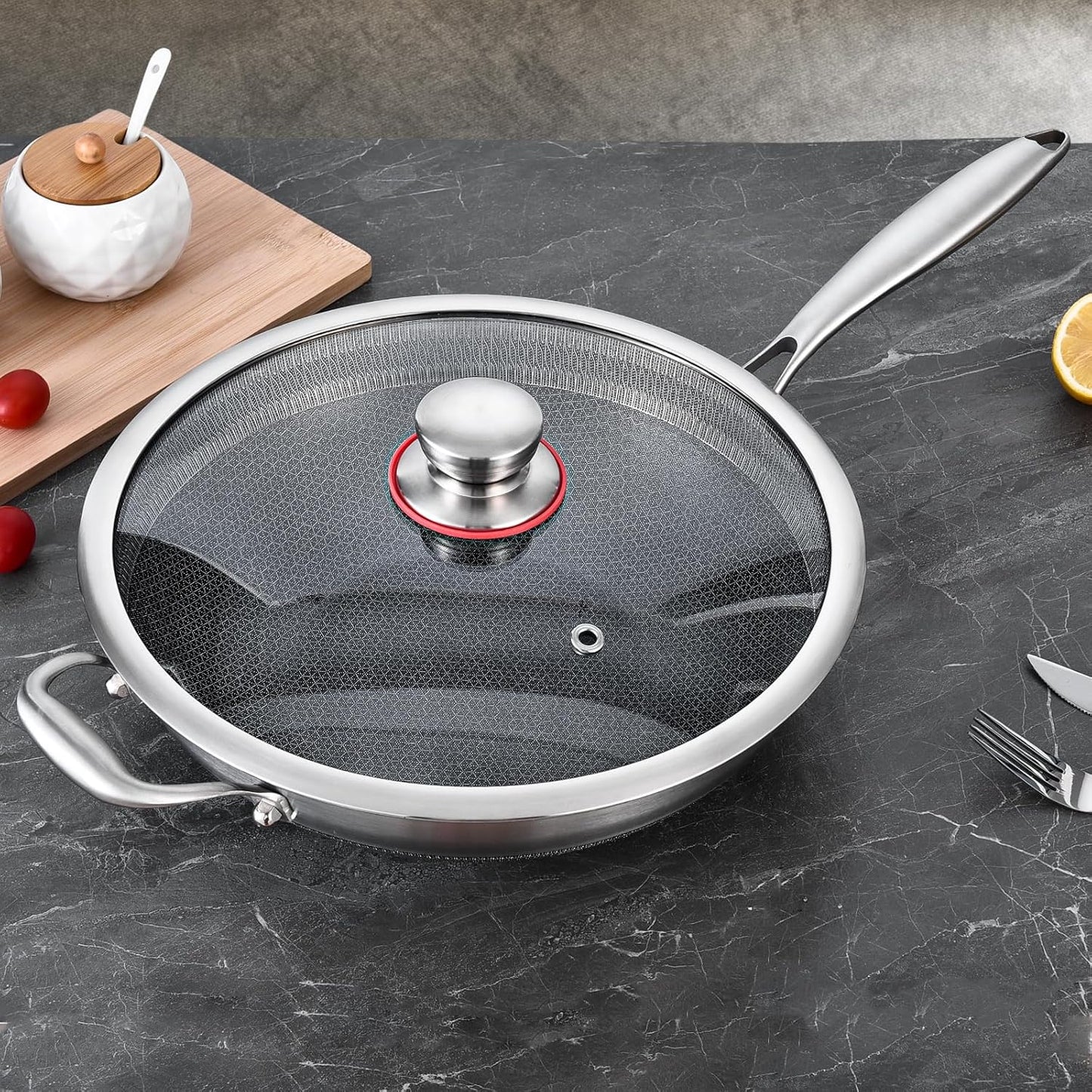 LOLYKITCH 12 Inch New Hybird Non-Stick Tri-Ply Stainless Steel Wok Pan with Lid,Stir-Fry Pan,Induction Cooking Pan,Dishwasher and Oven Safe, Detachable Handle.