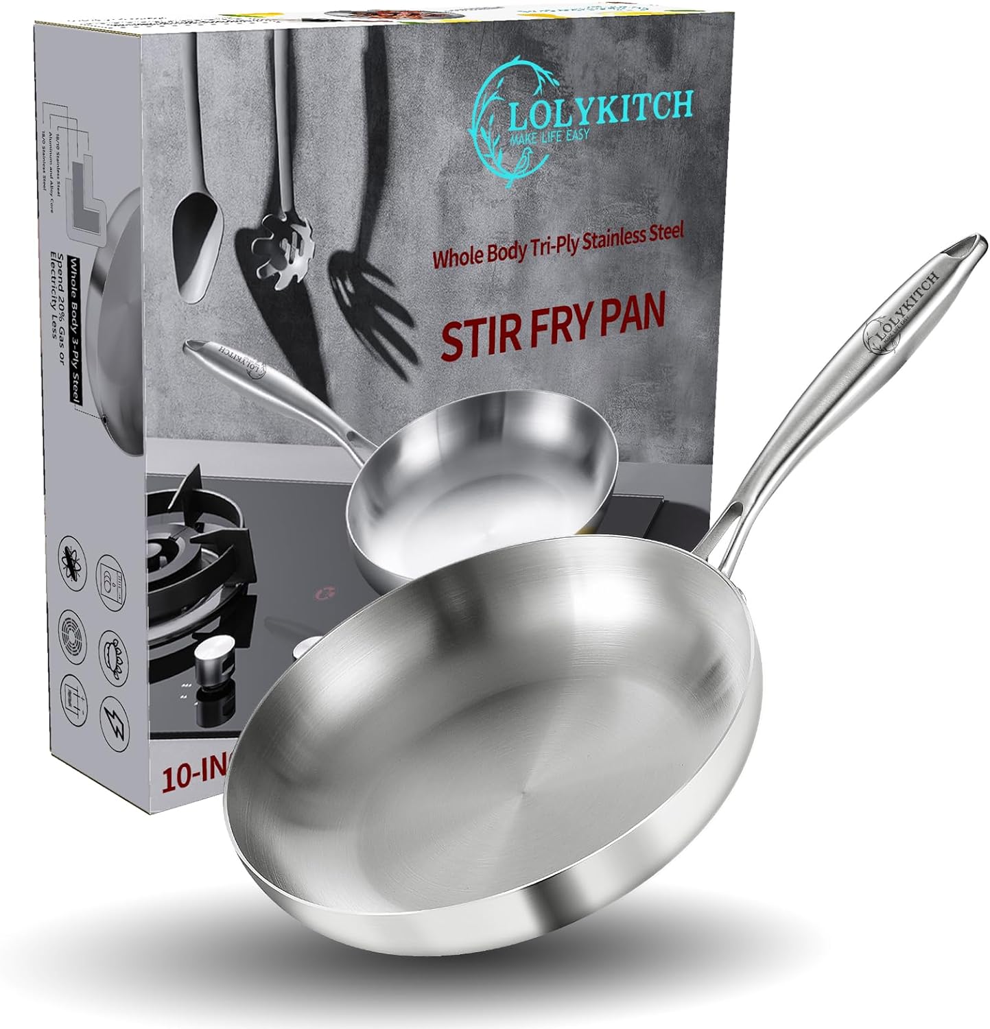 LOLYKITCH 10 Inch Tri-Ply Stainless Steel Frying Pan,Skillet,Chef's Pan,Induction Pan,Dishwasher and Oven Safe.