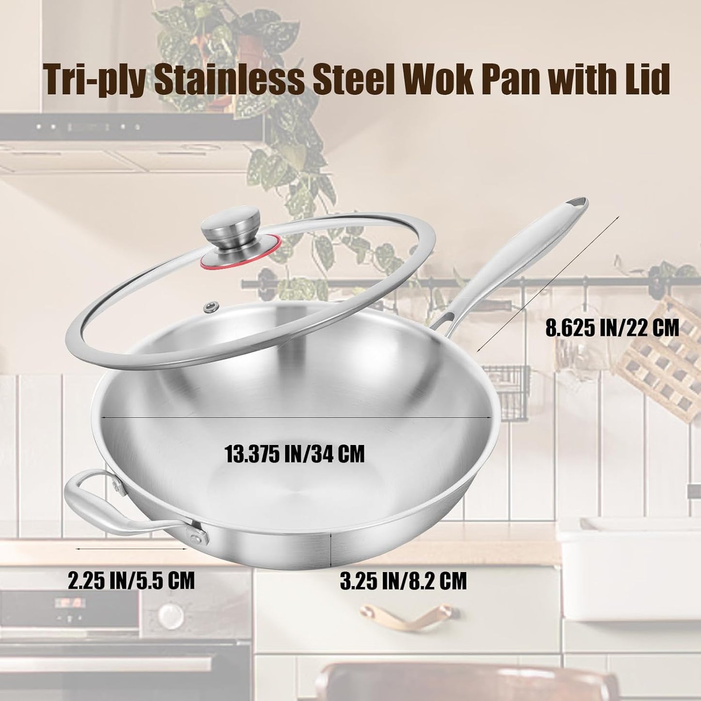 LOLYKITCH Tri-Ply 13 Inch Stainless Steel Wok Pan with Lid, Stir-Frying Pan,Induction Cooking Pan,Dishwasher and Oven Safe,Heavy Duty and Detachable handle.