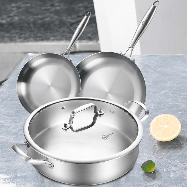 LOLYKITCH Whold Clad Tri-ply Stainless Steel 8-10 Inch Frying Pans and 6 QT Saute Pan with Lid,Skillets,Induction Cookware Set,Pot and Pan Set,Dishwasher and Oven Safe.