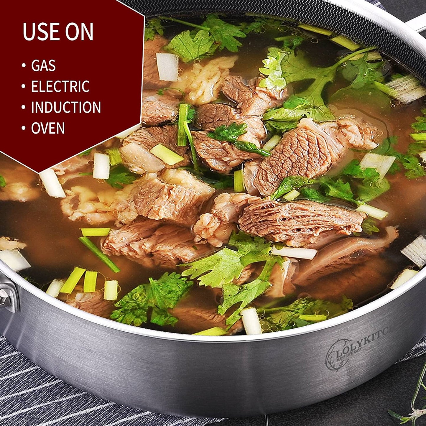 LOLYKITCH 6 QT Tri-Ply Stainless Steel Non-stick Sauté Pan with Lid,12 Inch Deep Frying pan,Large Skillet,Jumbo Cooker,Induction Pan,Dishwasher and Oven Safe.(Removable Handle)