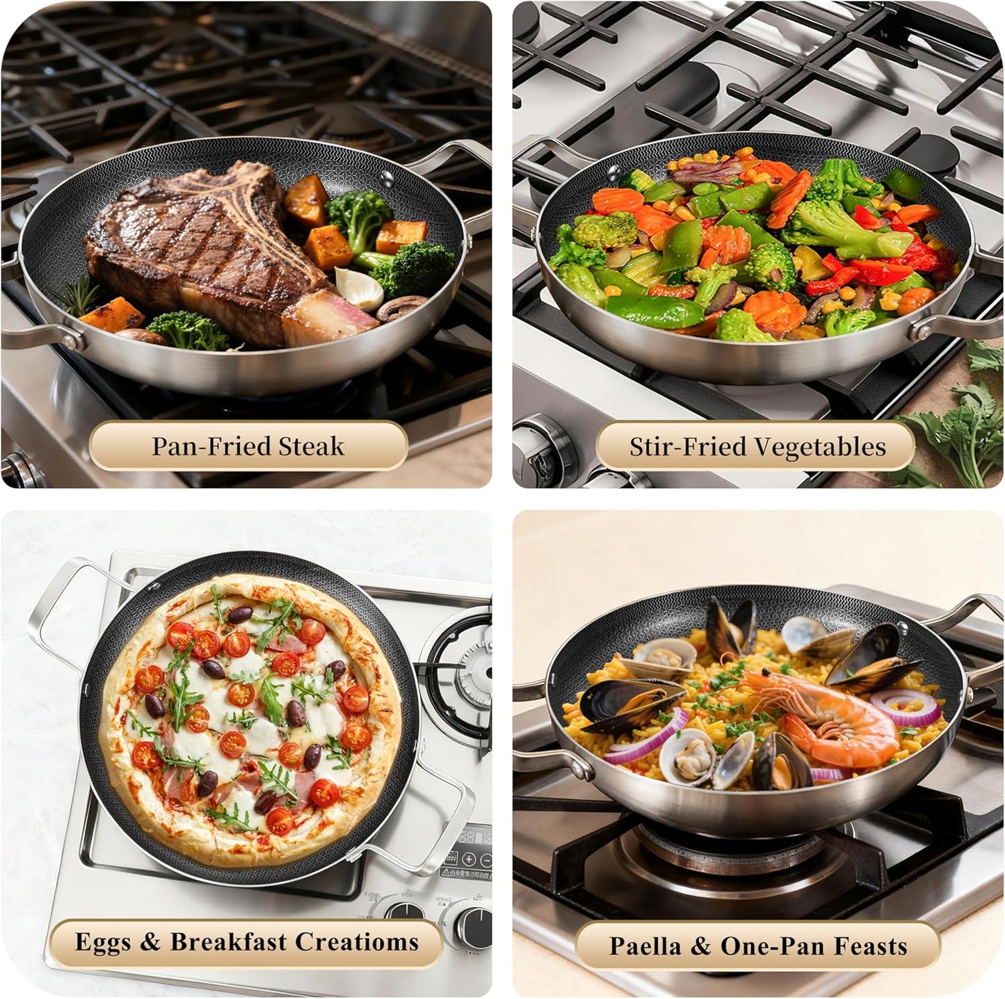 12 Inch Stainless Steel Paella Pan with Lid, Hybrid Ceramic Nonstick Skillet for 2–4 People, Induction Paella Pan for Seafood & Family Meals — Oven-safe Up to 600°F, SGS-certified