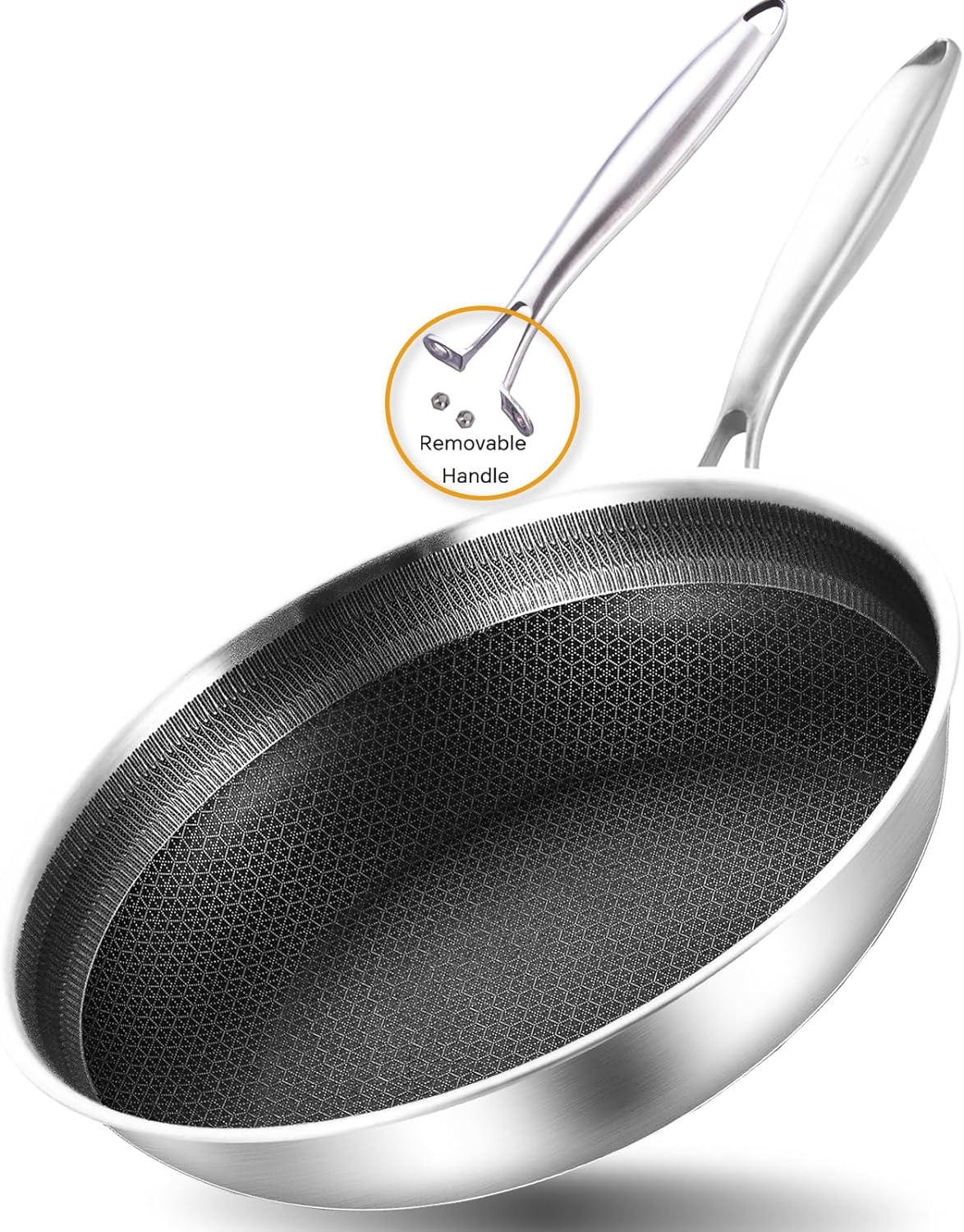 LOLYKITCH 10 inch Hybrid Nonstick Stainless Steel Sauté Pan with Lid,Deep Frying Pan,Skillet,Induction Pan,Heavy Duty and Oven Safe,Detachable Handle.