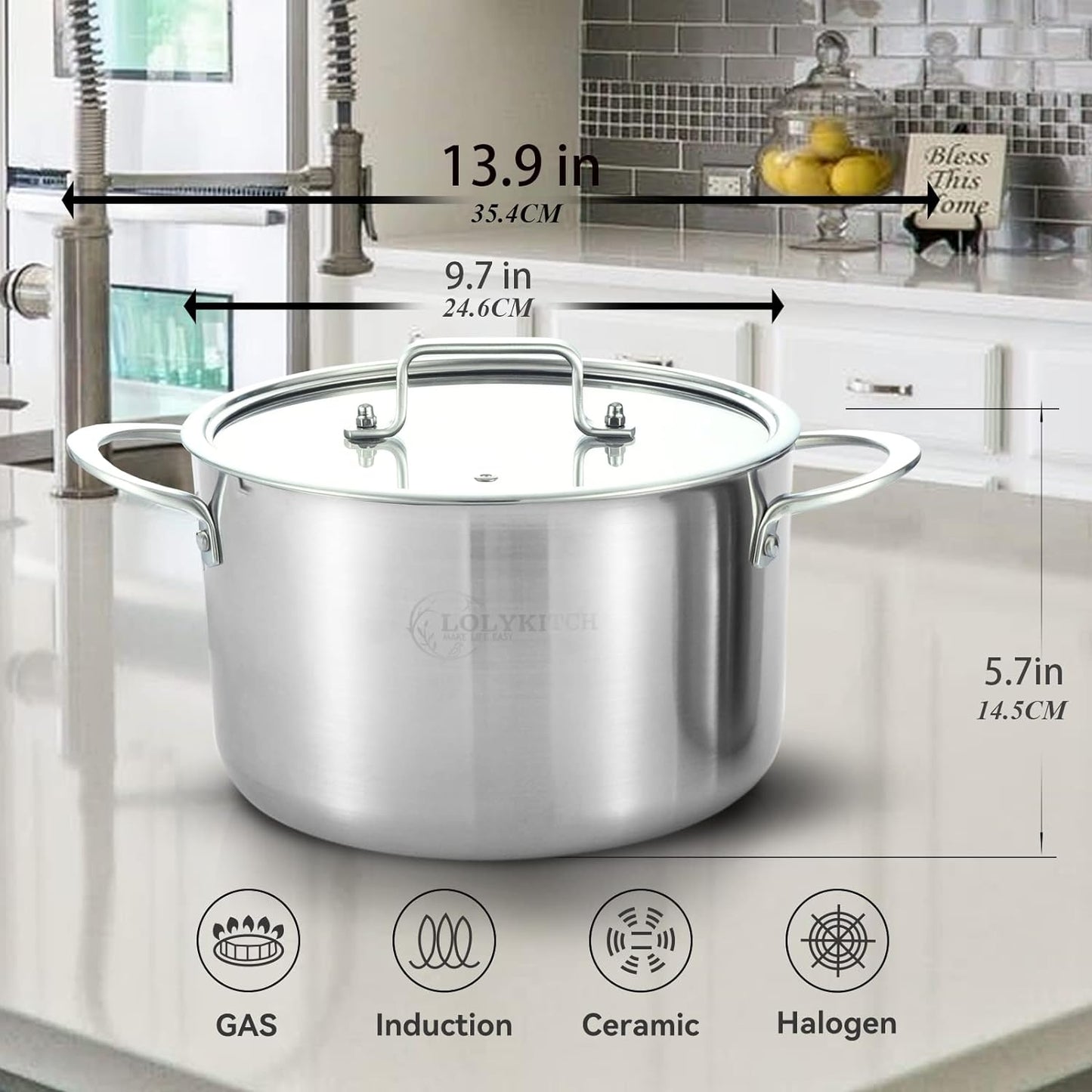 LOLYKITCH Tri-Ply Stainless Steel 5.5 QT Stock Pot with Lid, Induction Cooking Pot,Soup Pot,Compatible with All Stoves,Oven and Dishwasher safe.