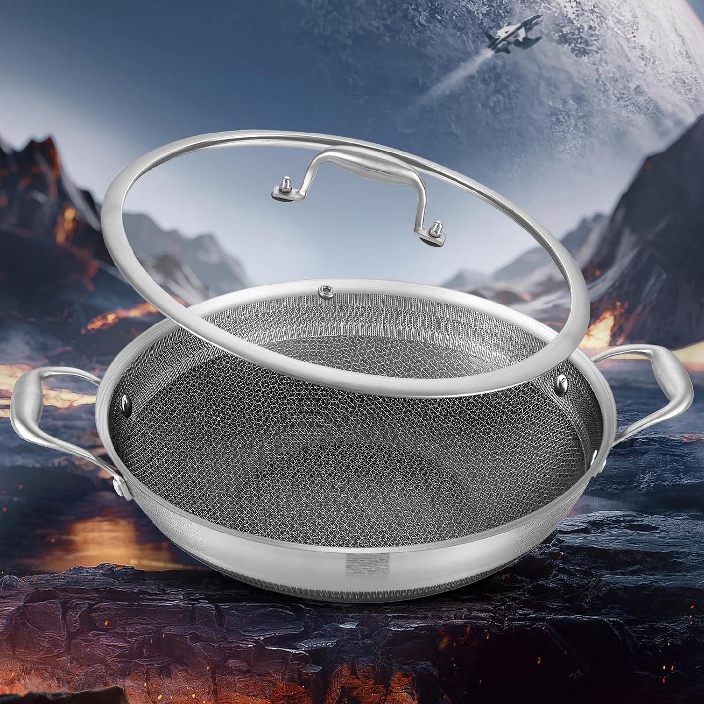 LOLYKITCH 12 Inch New Hybird Tri-Ply Stainless Steel Wok Pan with Lid,Ceramic Non-stick coating Stir-Fry Pan,Induction Cooking Pan,Dishwasher and Oven Safe.