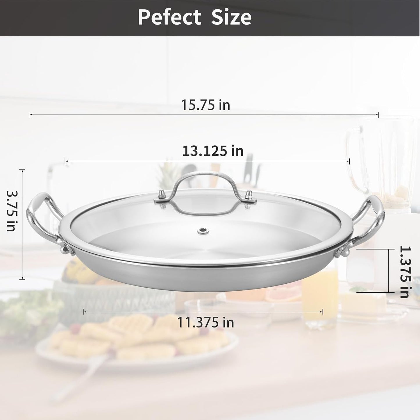 LOLYKITCH 13 Inch Tri-ply Stainless Steel Paella Pan with Lid,Griddle,Large Skillet,Omelet,Jumbo Cooker,Heavy Duty Dishwasher and Oven Safe.