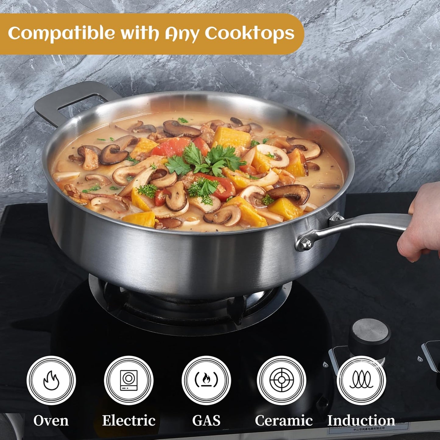 LOLYKITCH Sauté Pan, 7 QT Tri-Ply Stainless Steel Deep Cooking Pot, 12 Inch Everyday Pan with Lid, Large Induction Frying Skillet Compatible with All Cooktops, Two Ergonomic Handles for Conversion