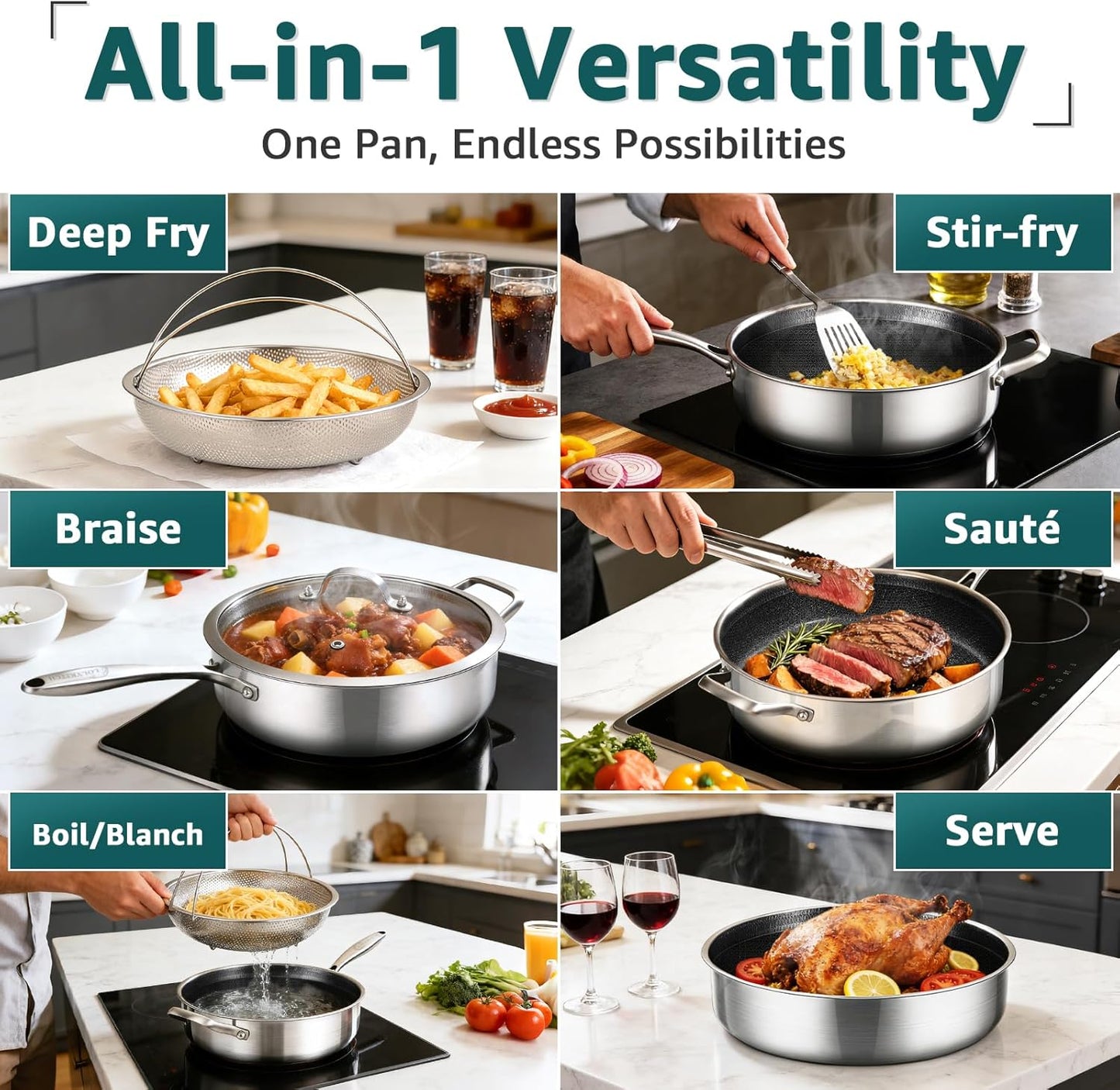 LOLYKITCH 5.5-Quart Hybrid Sauté Pan with Lid, 12-Inch Nonstick Deep Skillet with Fry Basket & Tongs, 3-ply Stainless Steel Large Frying Pan with Steam Insert, Works on All Cooktops