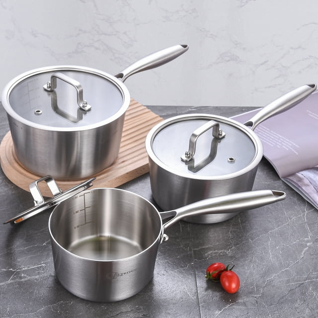 LOLYKITCH Whole Body Tri-Ply Stainless Steel 1.5QT&2.5QT&3.0QT Saucepan set wih Lids 6pcs,Induction Cooking Pot and Pan set,Saucepans,Oven and Dishwasher Safe.