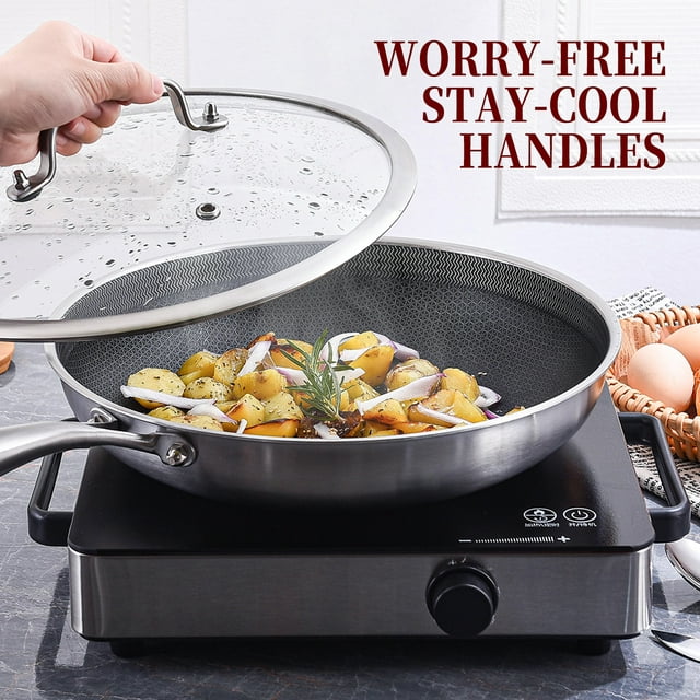 LOLYKITCH 12-Inch 3-Ply Hybird Non-stick Frying pan with Lid,Induction pan,Dishwasher and Oven Safe.(Removable Handle)