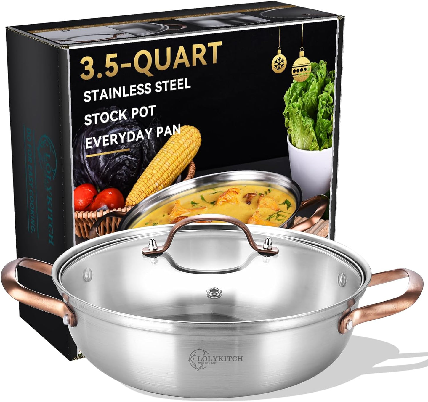 LOLYKITCH 11 Inch Tri-Ply Stainless Steel Saute Pan with Lid,3.5 QT Stock Pot,Kadhai,Induction Deep Frying Pan,Dishwasher and Oven Safe.