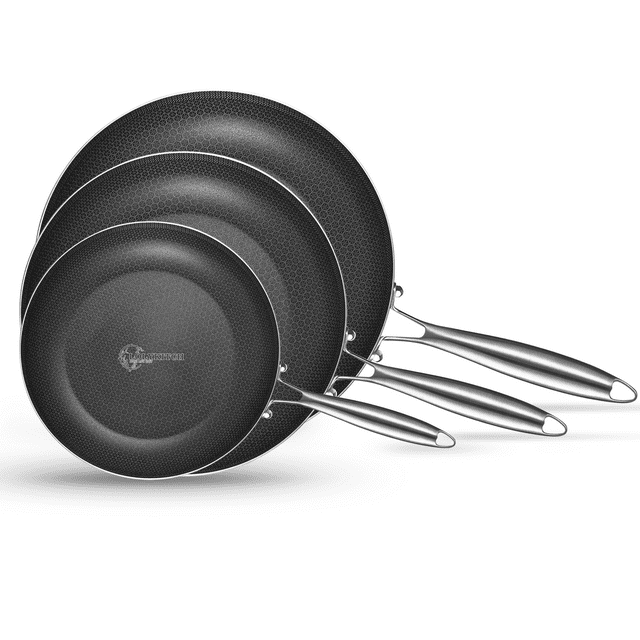 LOLYKITCH 8-10-12 Inch Tri-ply Hybird Stainless Steel Non-stick Frying Pan Set ,Skillets,Induction Pan,Pot and Pan Set,Oven and Dishwasher Safe.(Removable Handle)