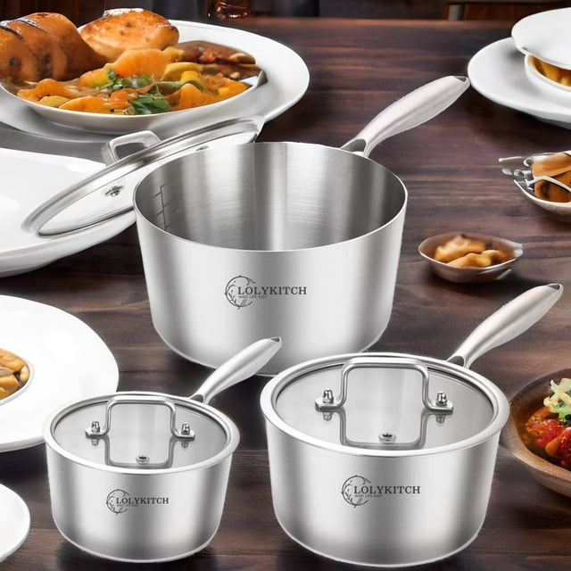 LOLYKITCH Whole Body Tri-Ply Stainless Steel 1.5QT&2.5QT&3.0QT Saucepan set wih Lids 6pcs,Induction Cooking Pot and Pan set,Saucepans,Oven and Dishwasher Safe.
