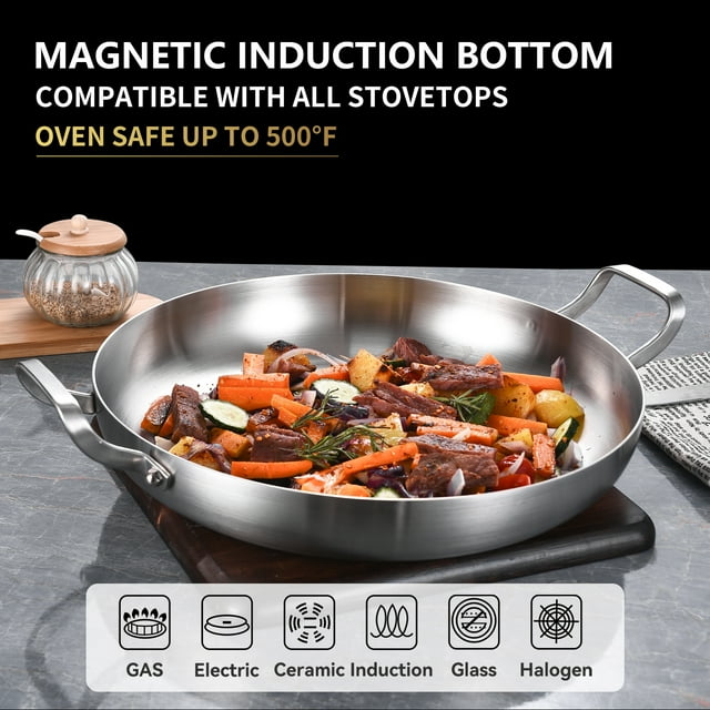 LOLYKITCH 14-Inch Tri-Ply Stainless Steel Paella Pan with Lid,Large Skillet,Griddle,Large Saute Pan with Lid,Jumbo Cooker,Induction Pan,Dishwasher and Oven Safe.