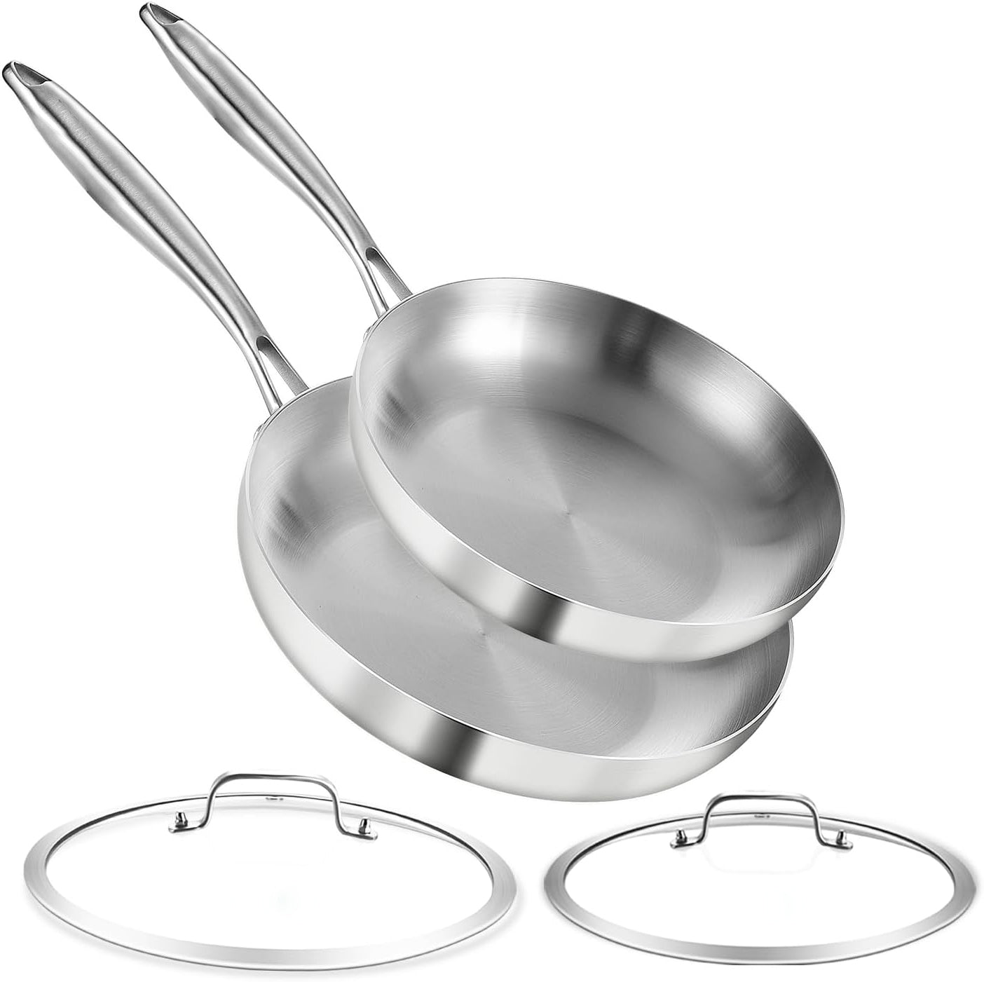 LOLYKITCH 10-12 inch Tri-ply Stainless Steel Stri-Frying Pan Set with Lid,Skillets,Induction Cookware Set,Pots and Pans Set,Dishwasher and Oven Safe. (12 Inch with Lid & Two Removable Handle)