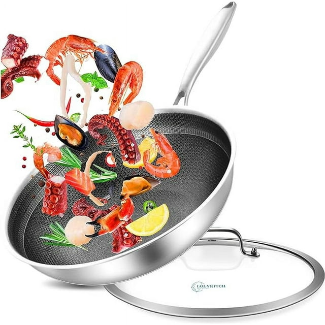 LOLYKITCH 12-Inch 3-Ply Hybird Non-stick Frying pan with Lid,Induction pan,Dishwasher and Oven Safe.(Removable Handle)
