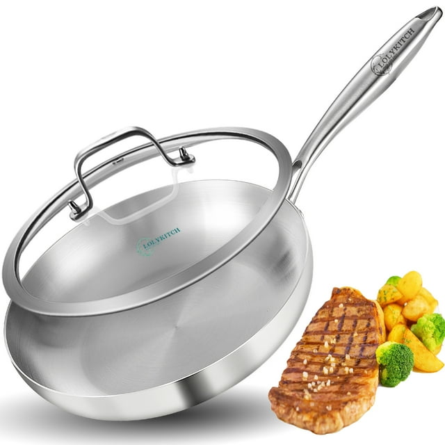 LOLYKITCH 12 Inch Tri-ply Stainless Steel Chef's Pan,Frying Pan with Lid,Skillet,Induction Pan,Pot and Pan Set,Dishwasher and Oven Safe.(Detachable Handle)